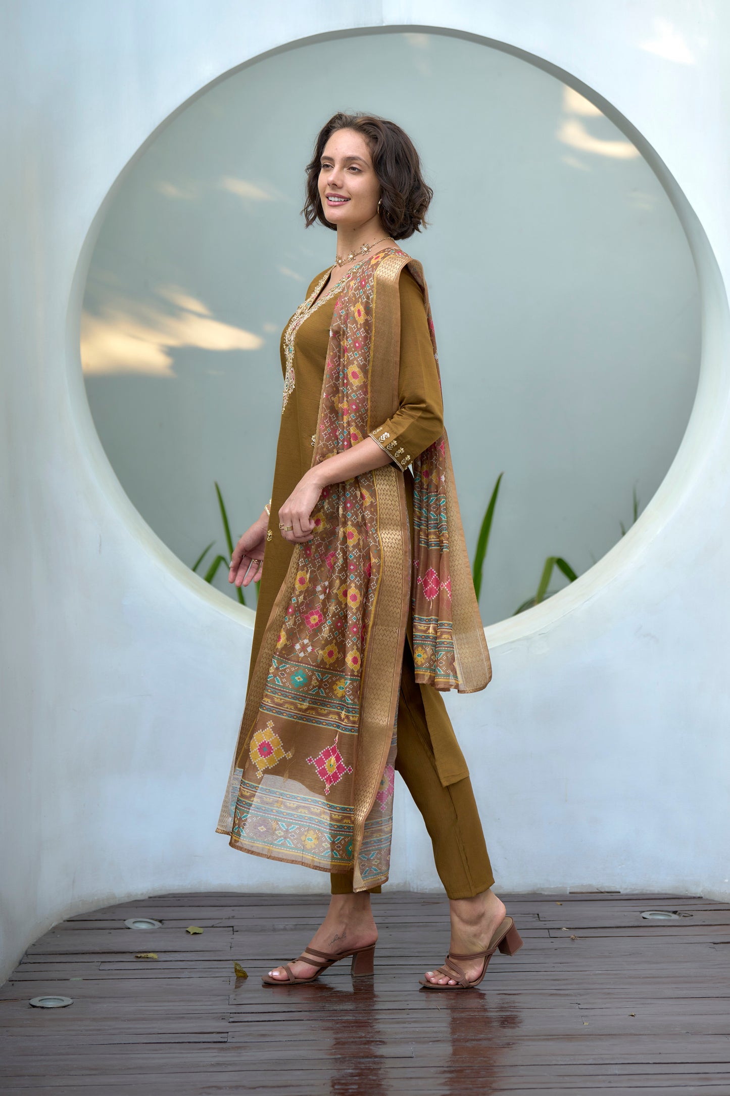 Brown Vatican Kurta Set with Embroidered Neckline & Chanderi Butti Dupatta