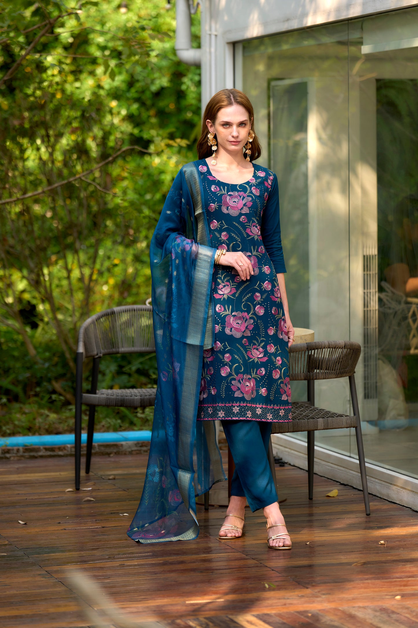 Firozi Blue Rayon Kurta Set with Embroidered Neckline & Organza Butti Dupatta