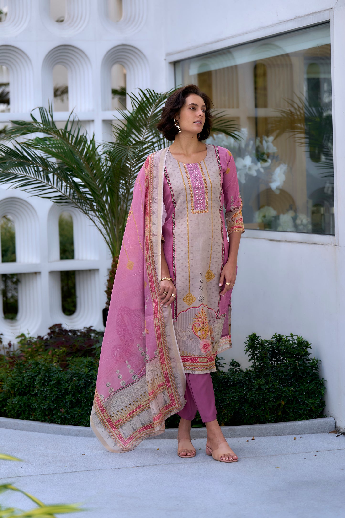 Elegant Pink Silk Blend Kurta Set with Embroidered Neckline & Dupatta