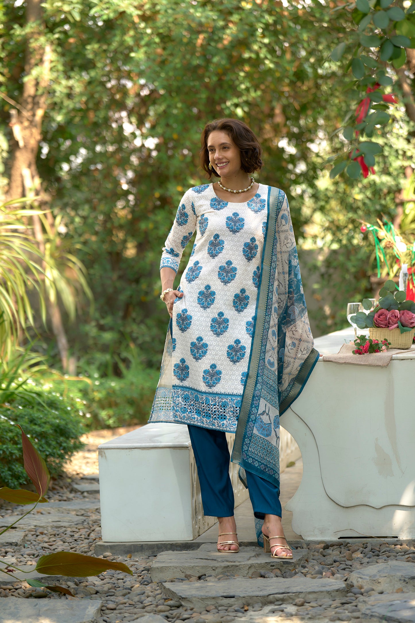 White Cotton Printed Kurta Set with Embroidered Neckline & Linen Dupatta
