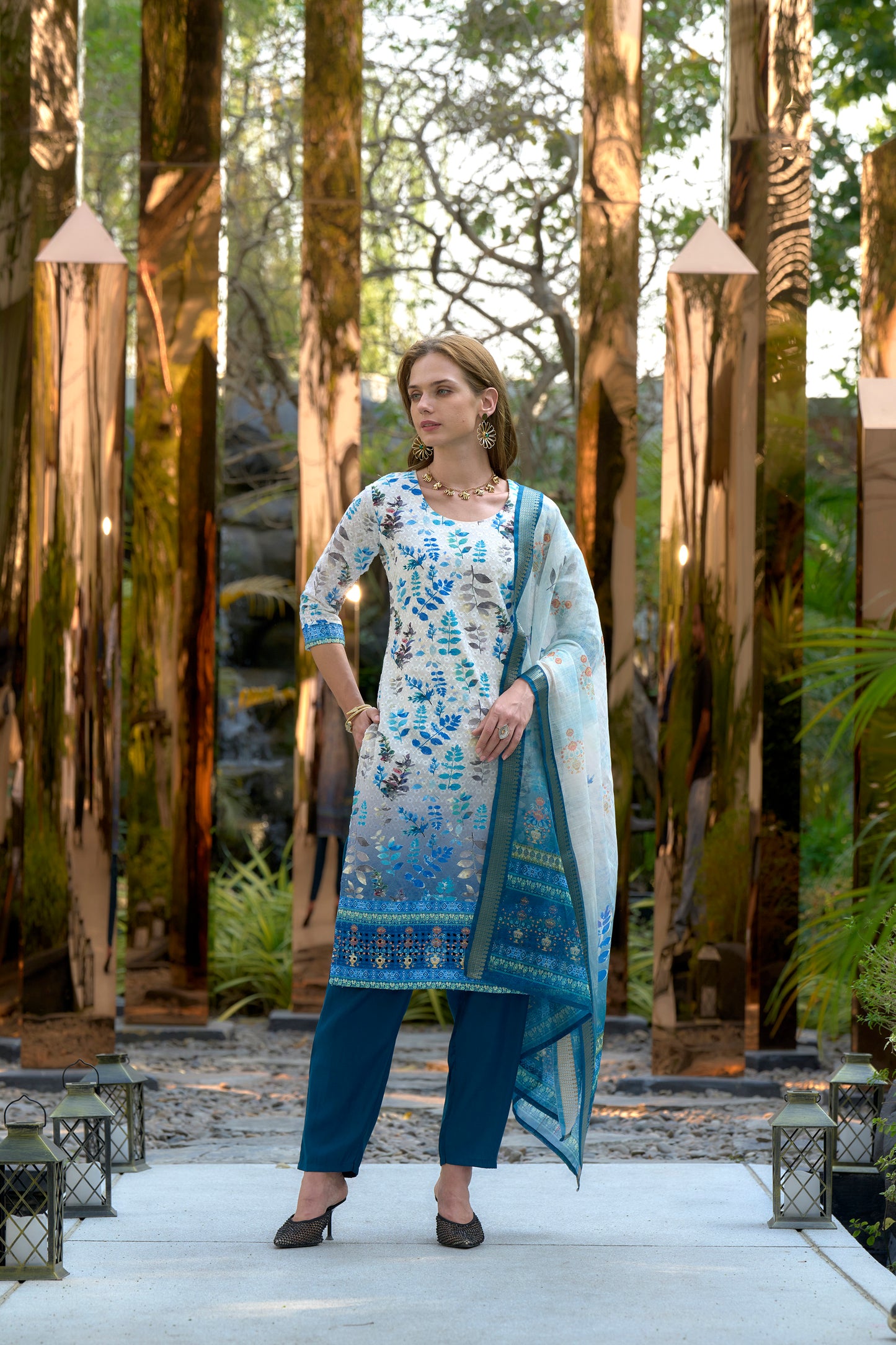 White & Blue Printed Cotton Kurta Set with Embroidered Neckline and Linen Dupatta