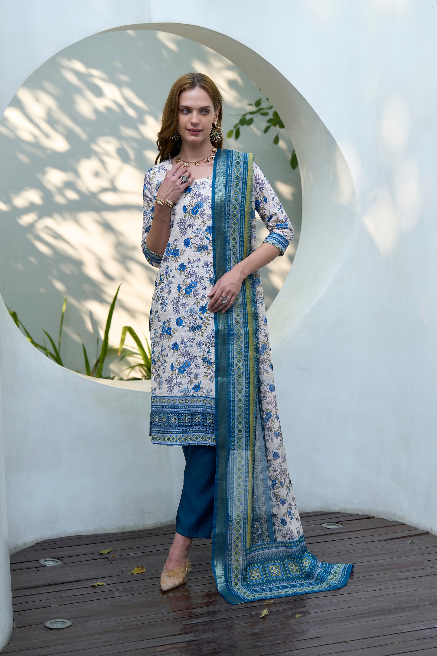 White & Blue Printed Cotton Kurta Set with Embroidered Neckline and Linen Dupatta