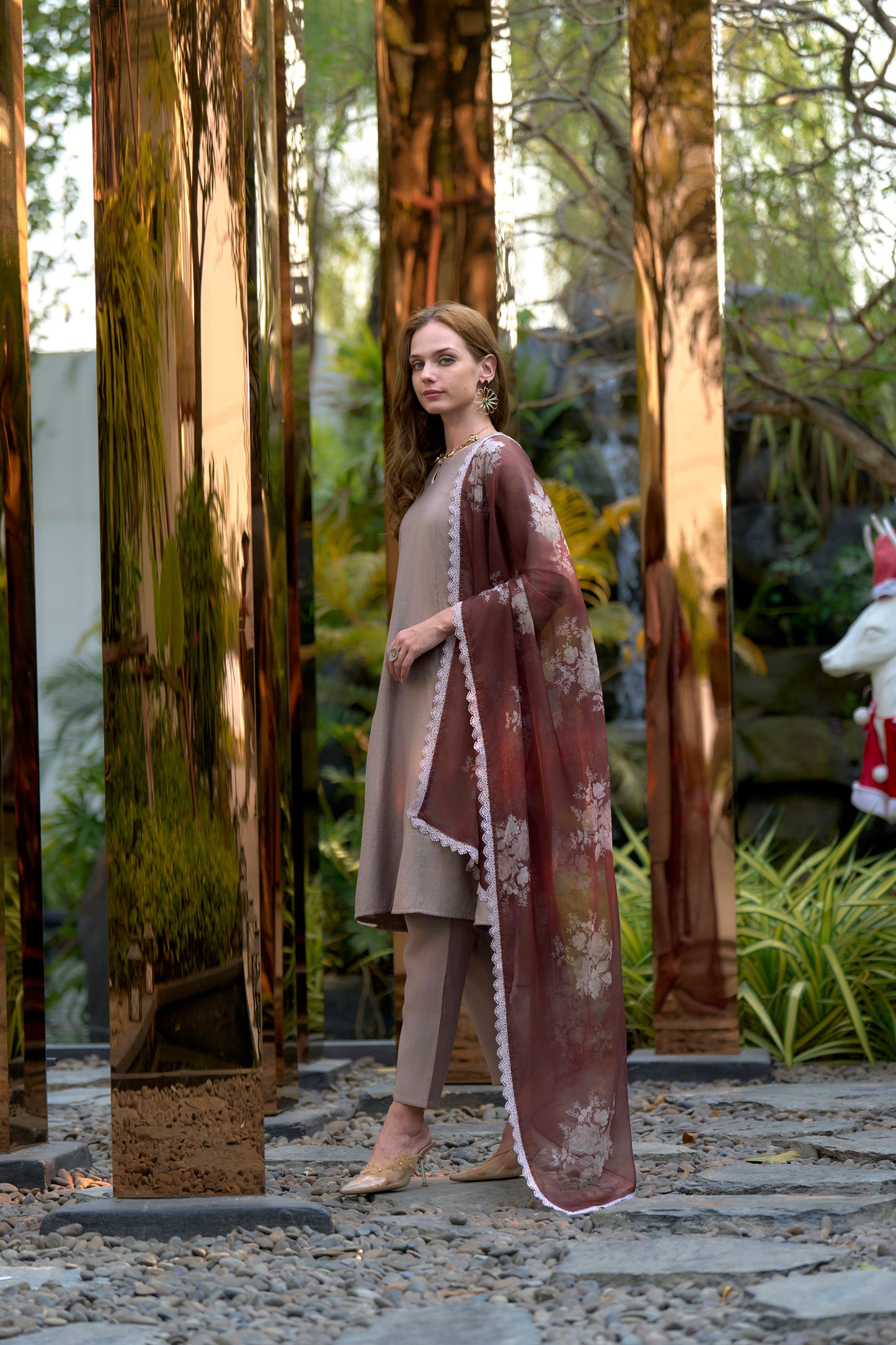 Brown Vatican Kurta Set with Embroidered Neckline and Organza Dupatta