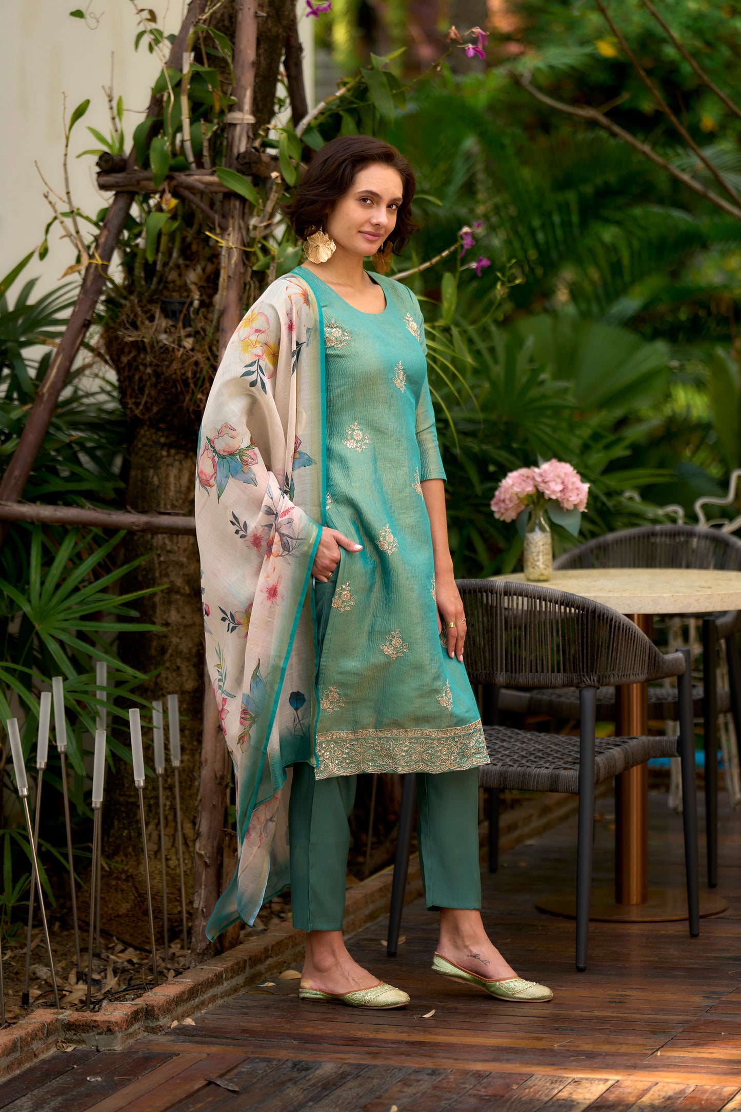 Bottle Green Tissue Kurta Set with Embroidered Neckline & Matching Dupatta