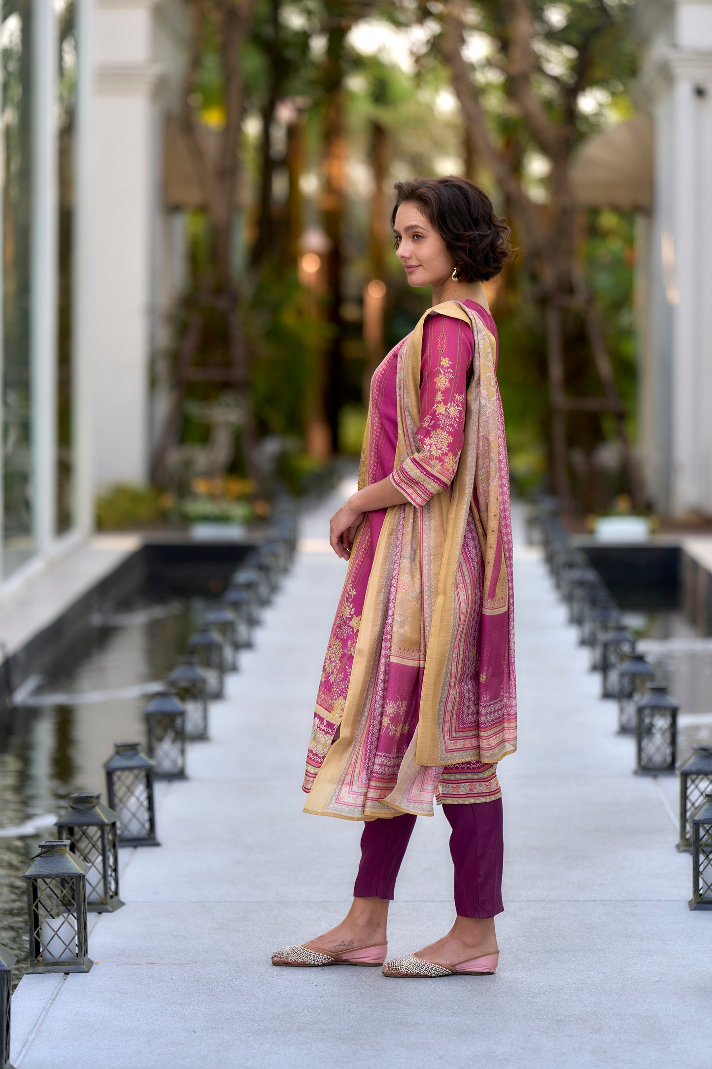 Pink Silk Blend Kurta Set with Embroidered Neckline & Matching Dupatta