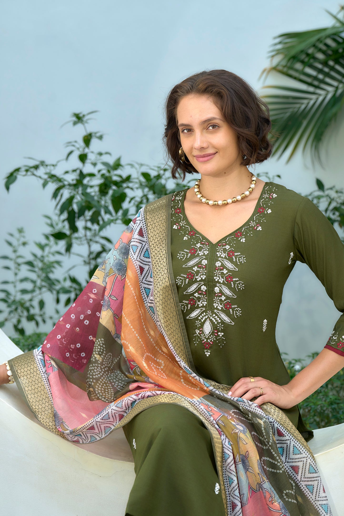 Green Vatican Kurta Set with Embroidered Neckline & Chanderi Butti Dupatta
