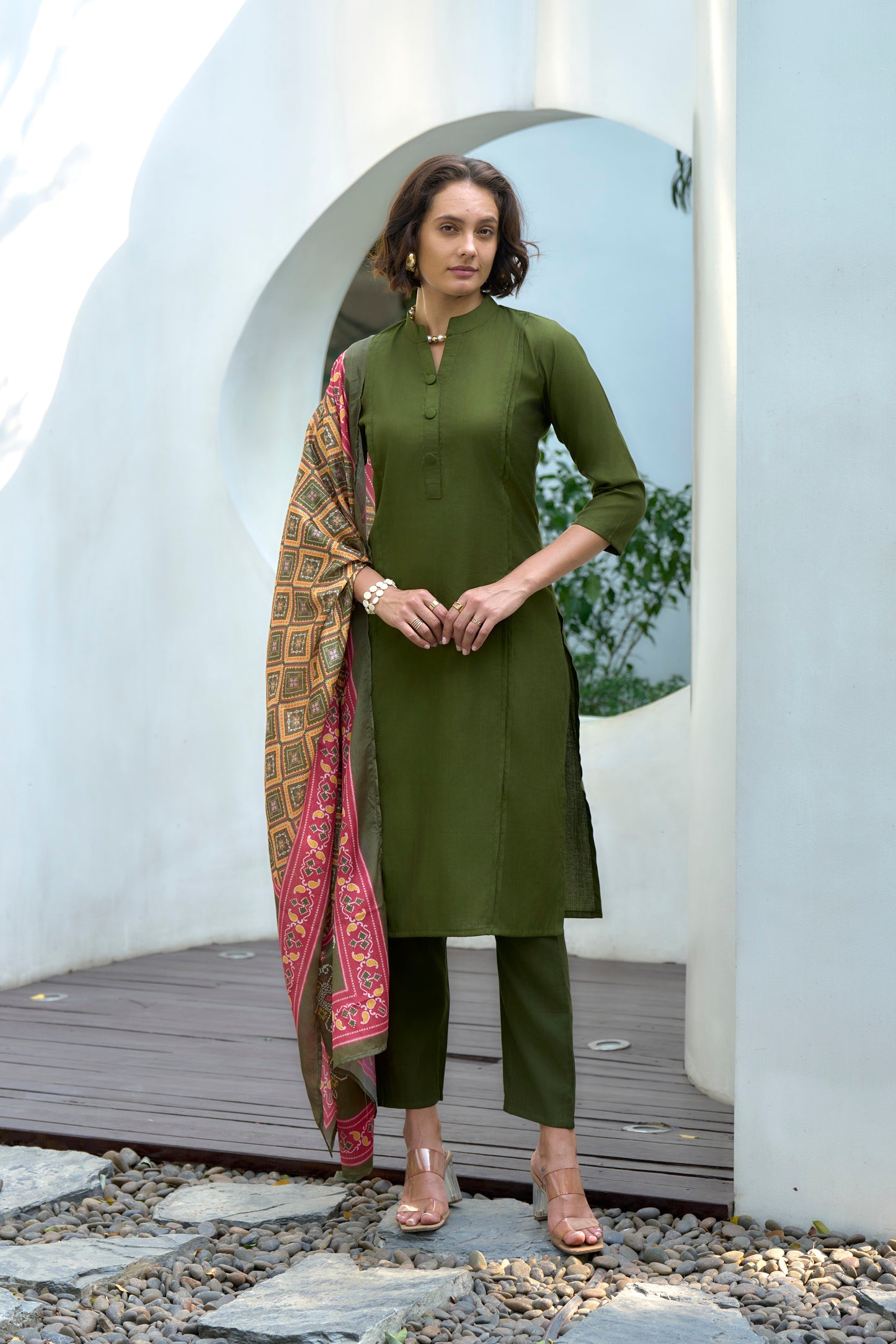Green Vatican Kurta Set with Embroidered Neckline & Chinnon Dupatta