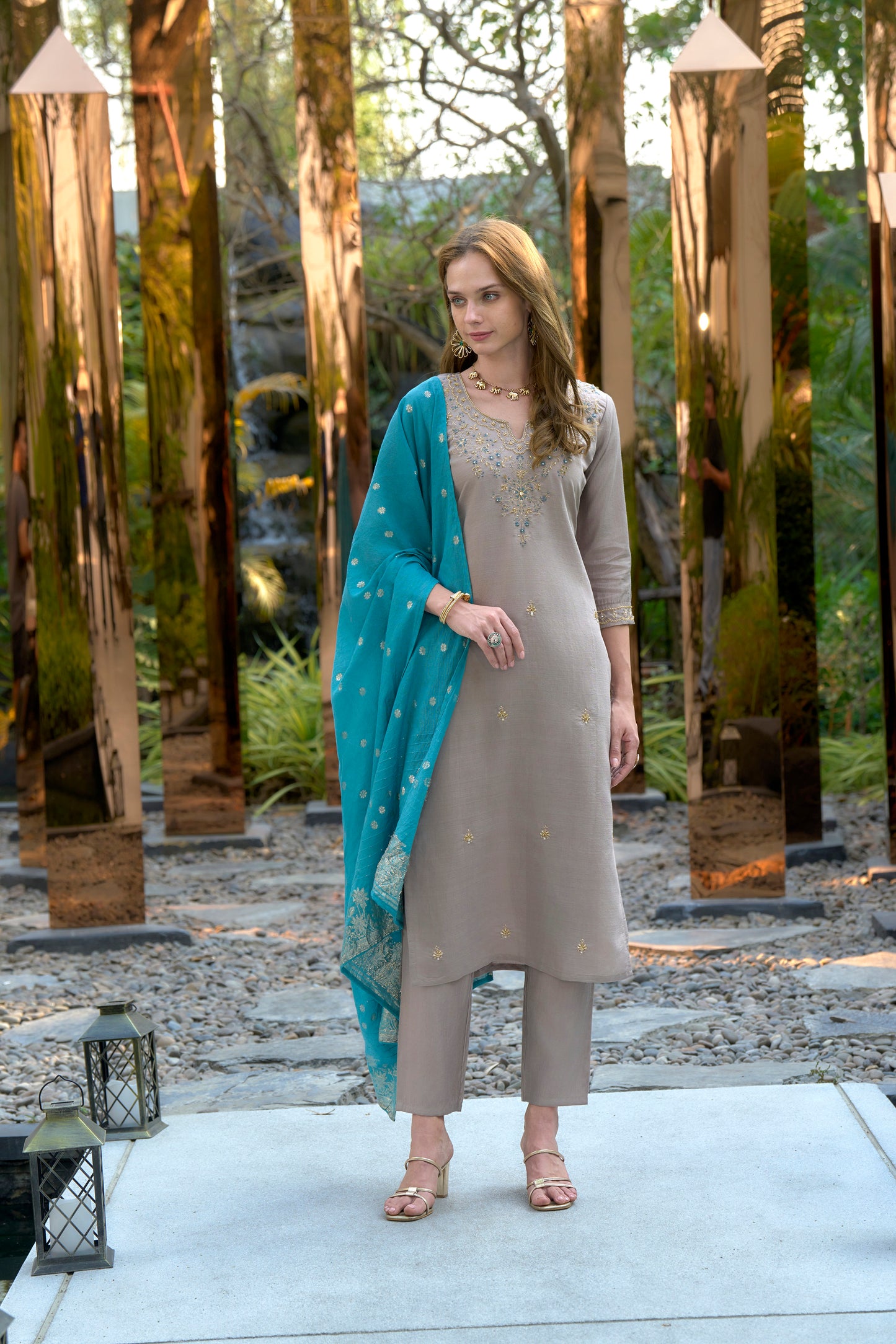 Brown Vatican Kurta Set with Embroidered Neckline & Chanderi Jcard Dupatta