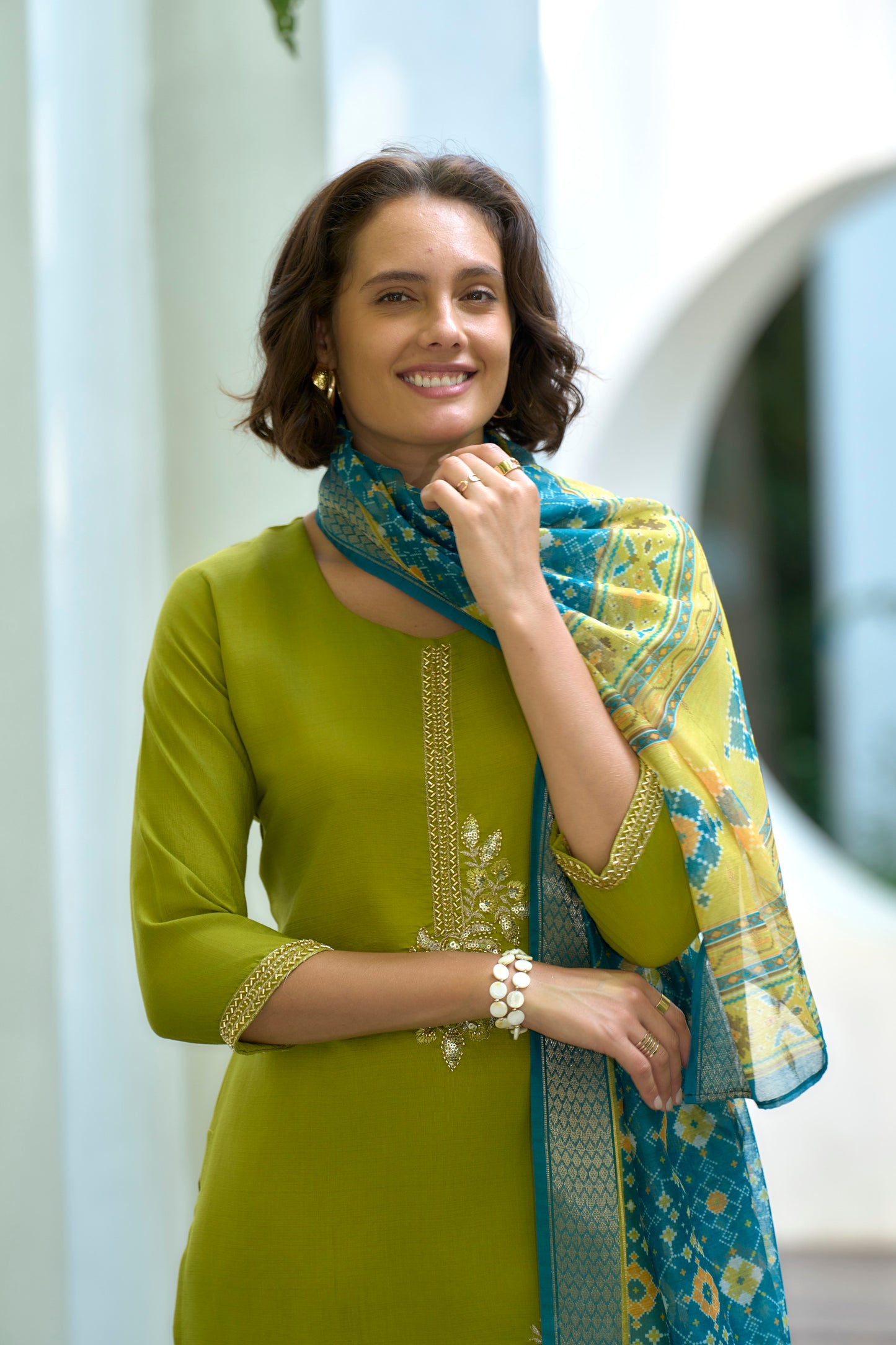 Lime Green Vatican Kurta Set with Embroidered Neckline & Chanderi Butti Dupatta