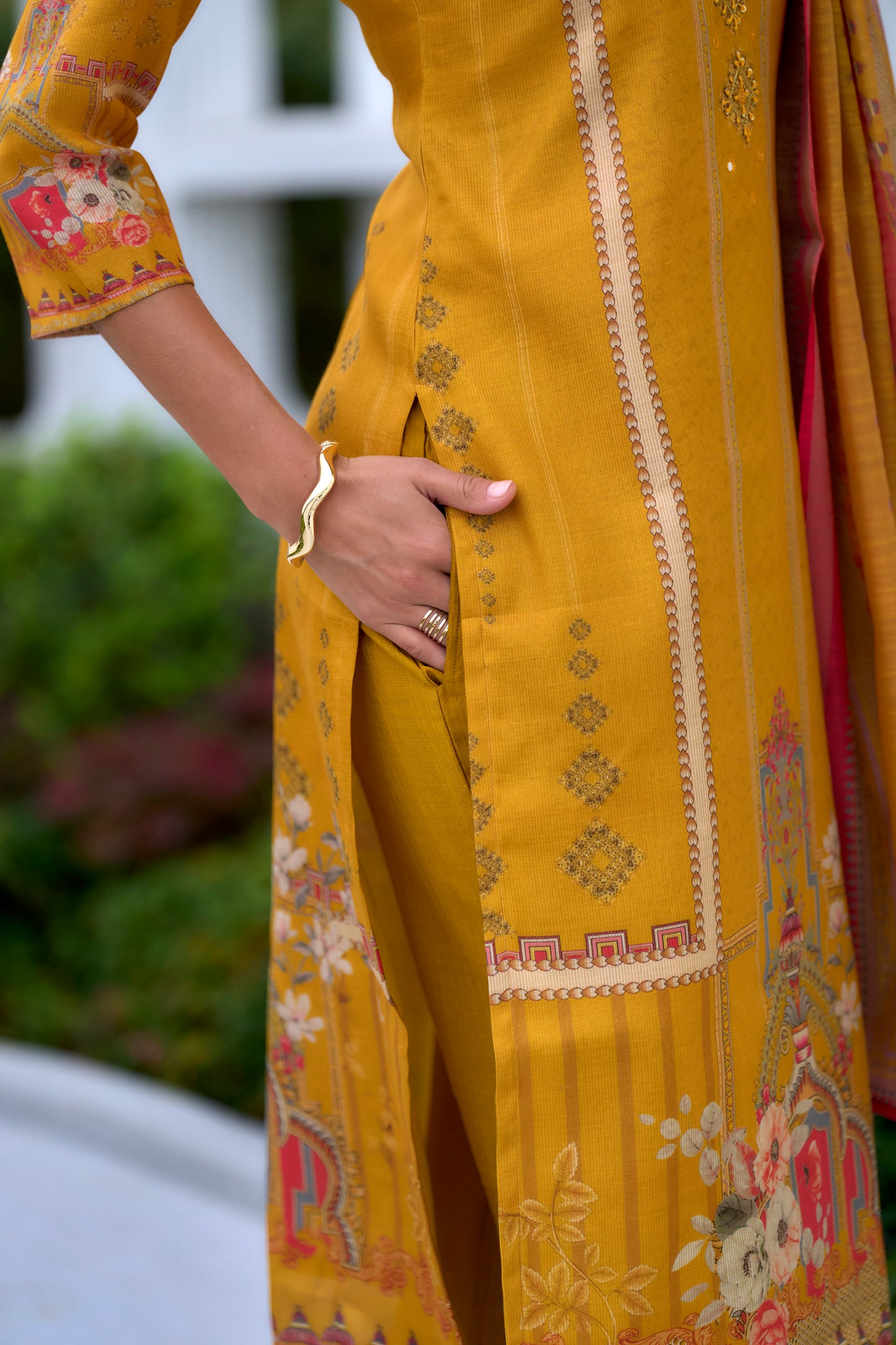 Vibrant Yellow Silk Blend Kurta Set with Embroidered Neckline & Dupatta