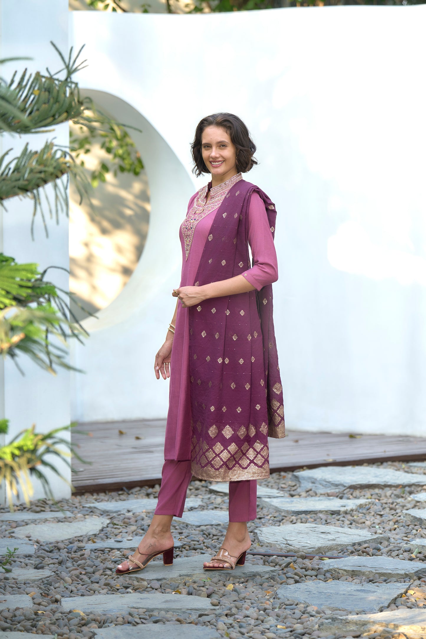 Pink Vatican Kurta Set with Embroidered Neckline & Chanderi Jacquard Dupatta