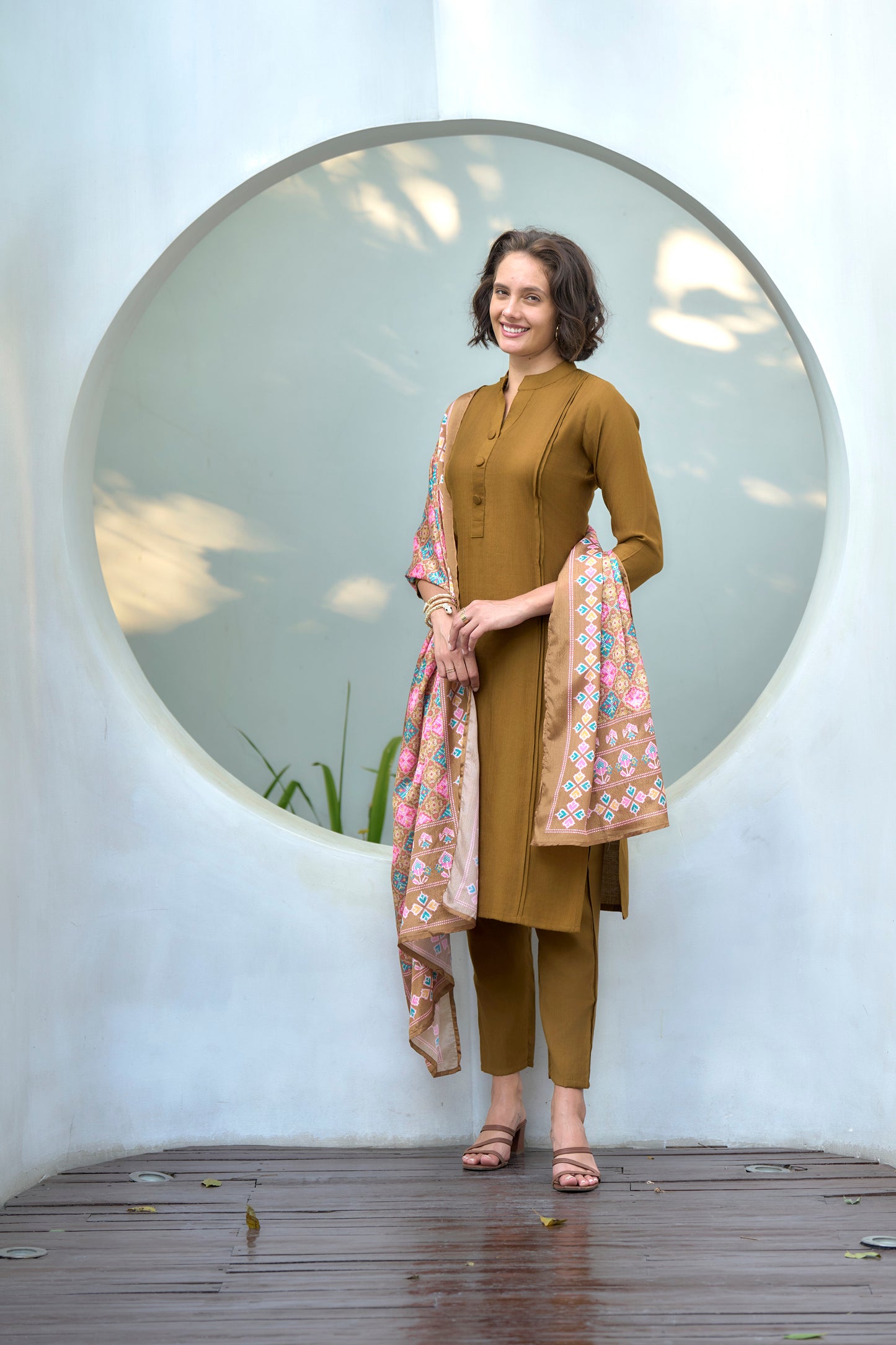 Mustard Yellow Vatican Kurta Set with Embroidered Neckline & Chinnon Dupatta