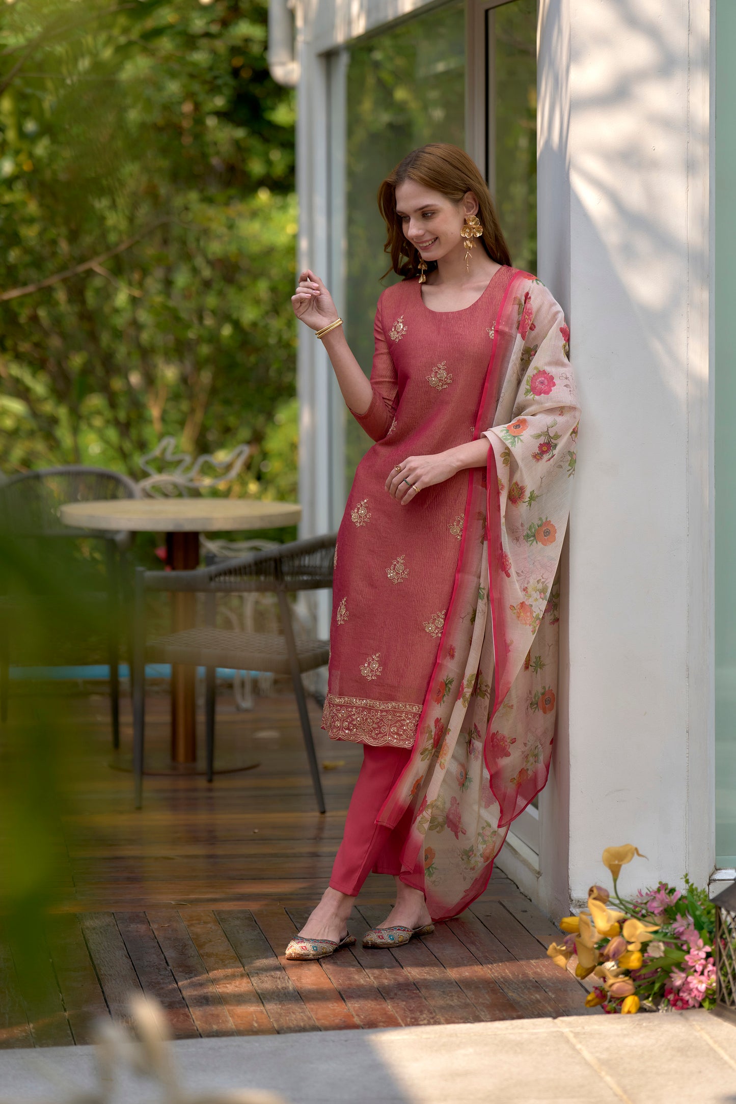 Pink Tissue Kurta Set with Embroidered Neckline & Coordinated Dupatta