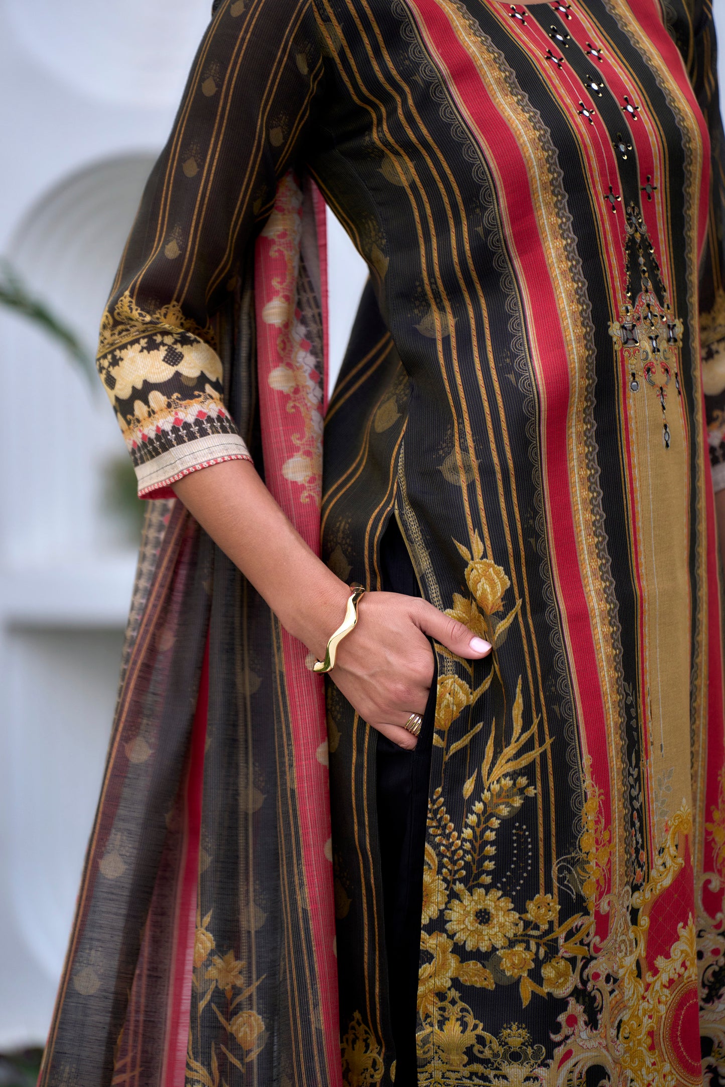 Elegant Black Silk Blend Kurta Set with Embroidered Neckline & Dupatta