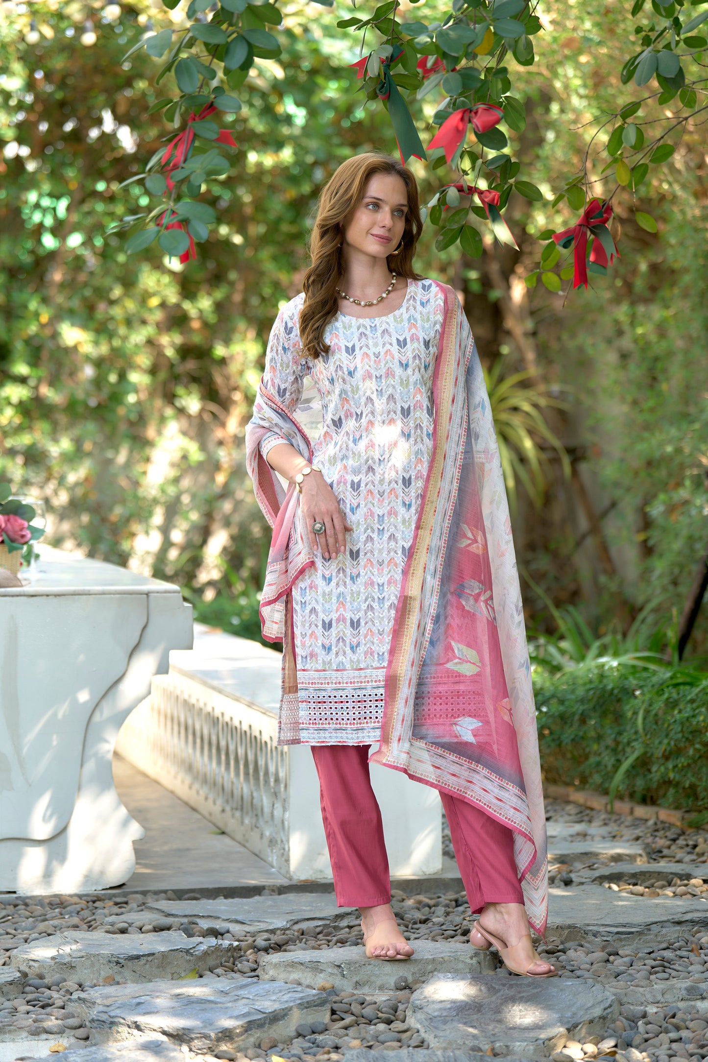 White Cotton Printed Kurta Set with Embroidered Neck & Linen Dupatta
