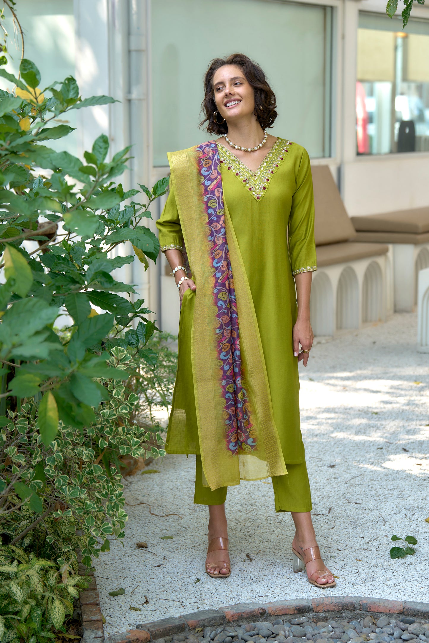Lime Green Vatican Kurta Set with Embroidered Neckline & Chanderi Butti Dupatta