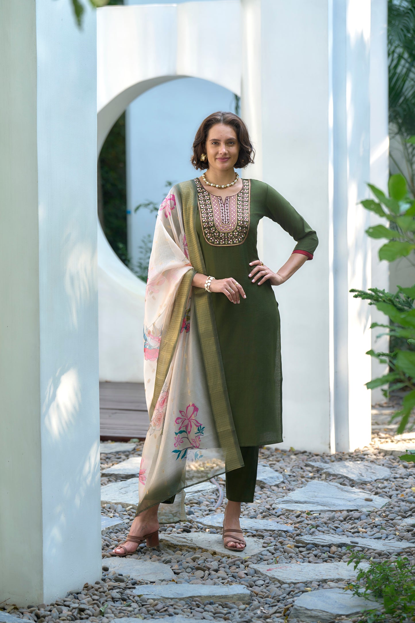 Mehendi Green Vatican Kurta Set with Embroidered Neckline & Organza Butti Dupatta