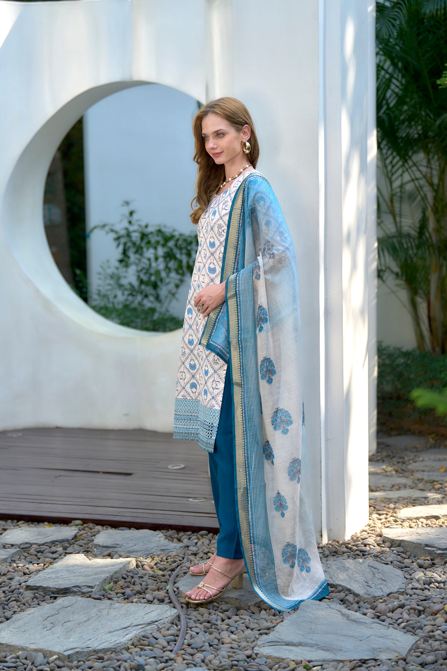 White Cotton Printed Kurta Set with Embroidered Neck & Linen Dupatta