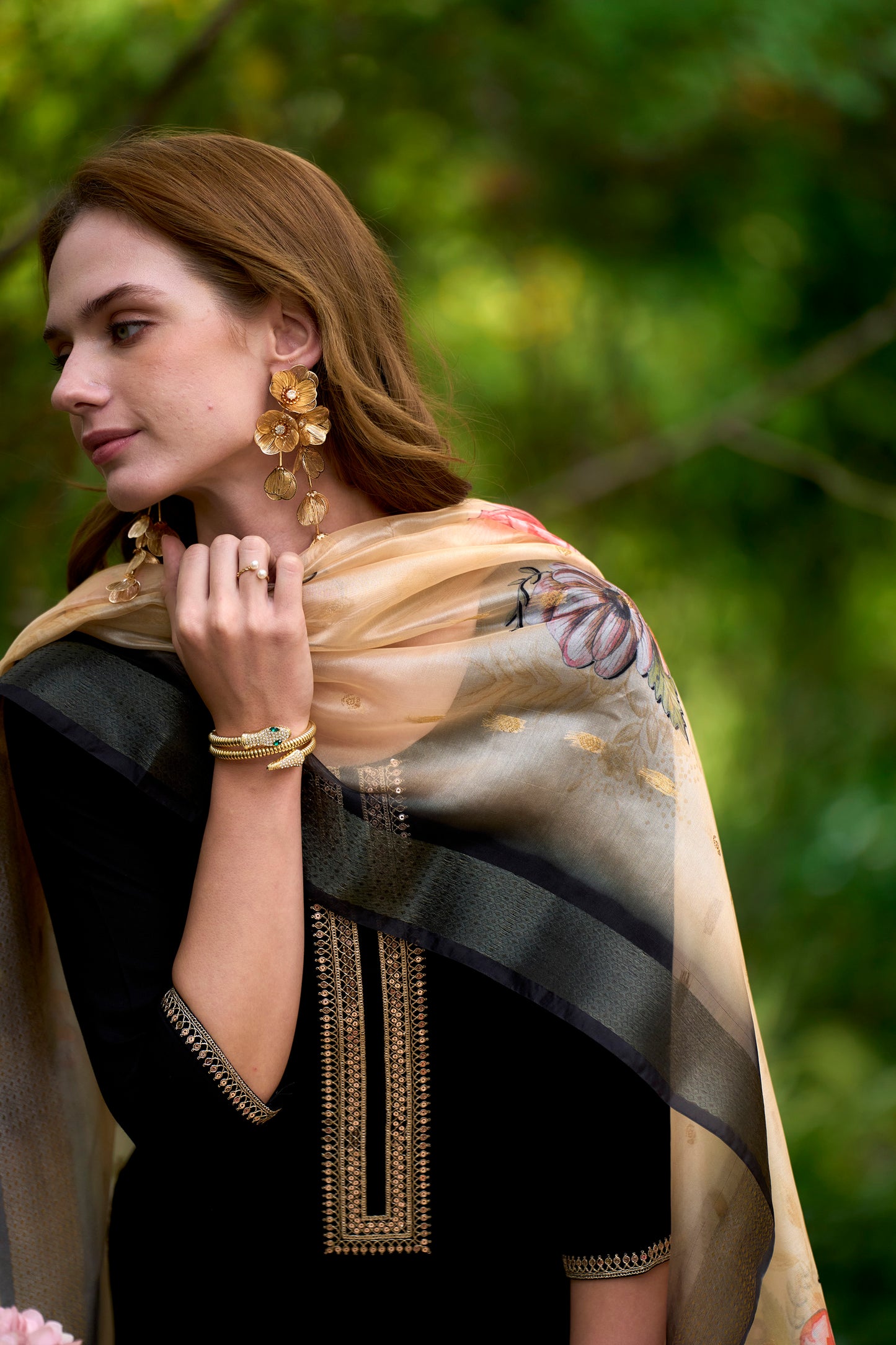 Black Embroidered Viscose-Rayon Kurta Set with Printed Organza Dupatta