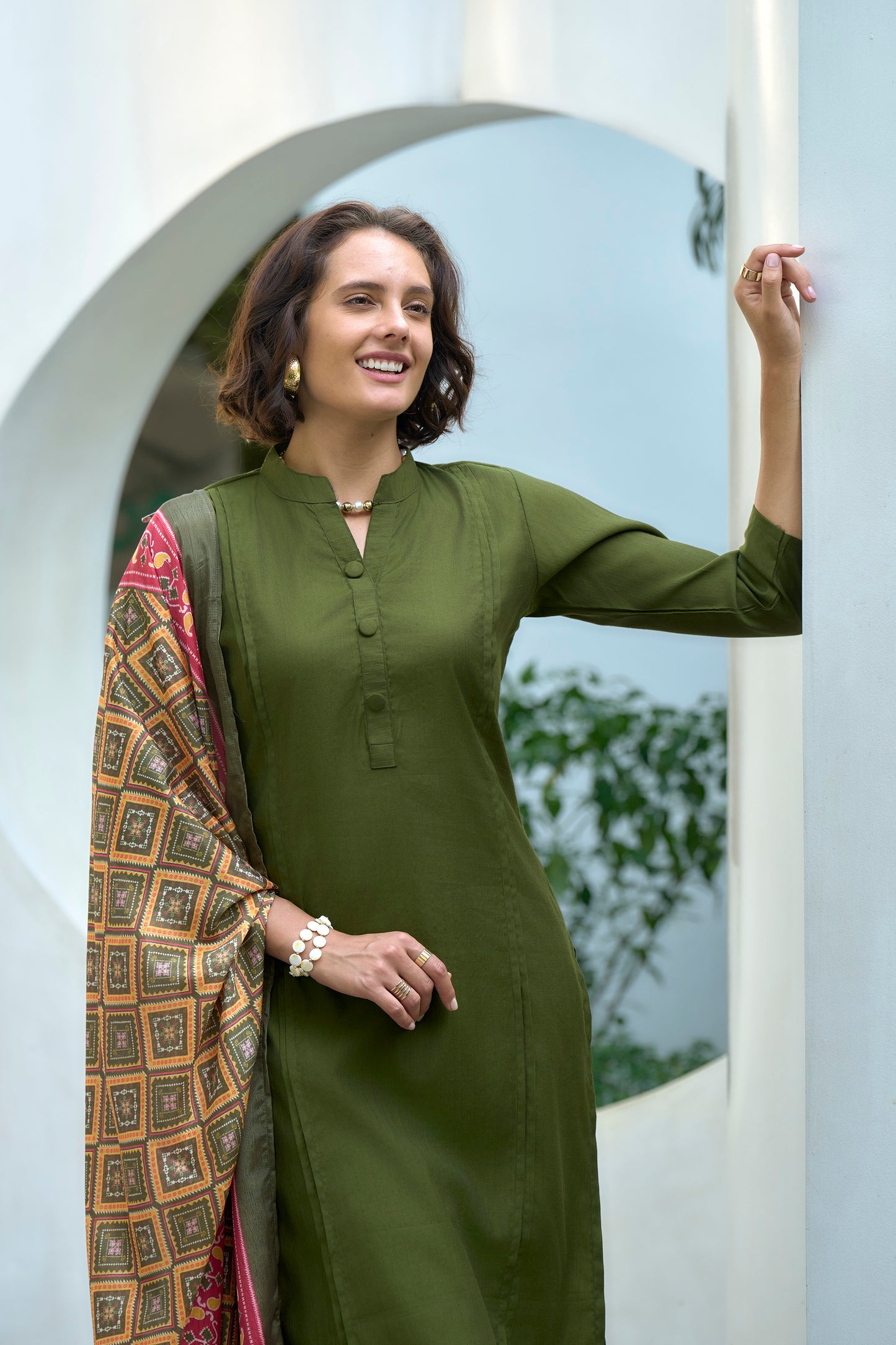 Green Vatican Kurta Set with Embroidered Neckline & Chinnon Dupatta