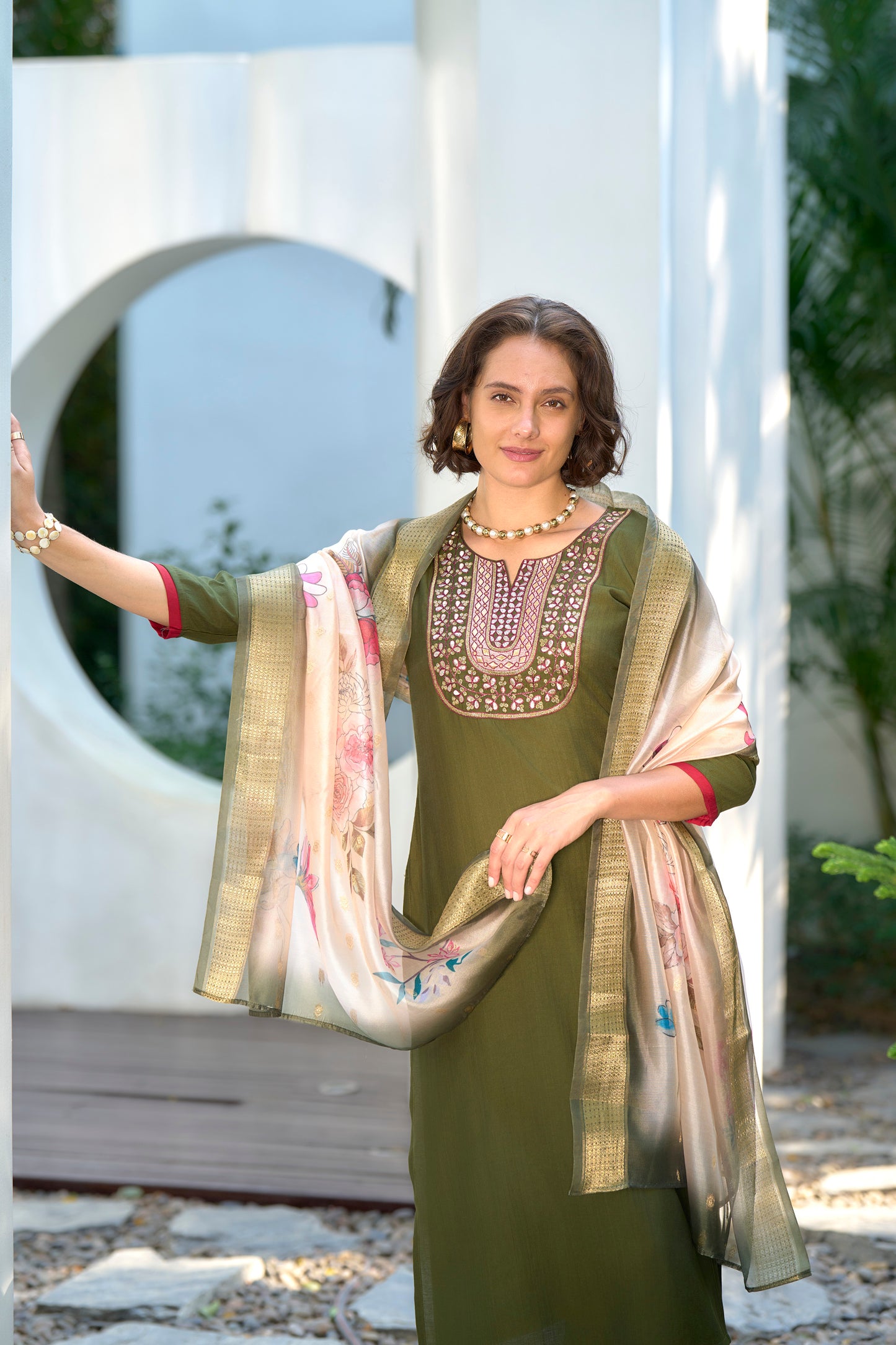 Mehendi Green Vatican Kurta Set with Embroidered Neckline & Organza Butti Dupatta