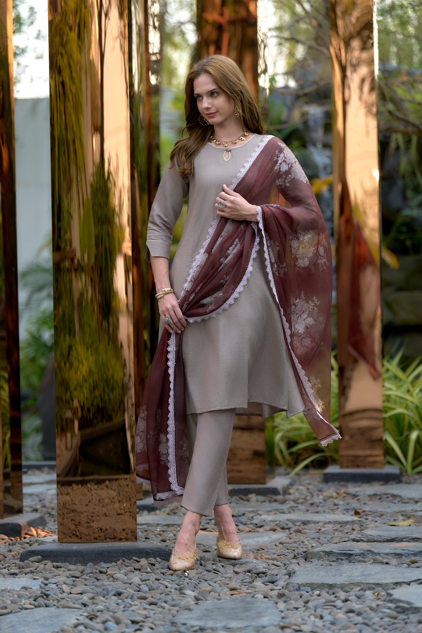 Brown Vatican Kurta Set with Embroidered Neckline and Organza Dupatta