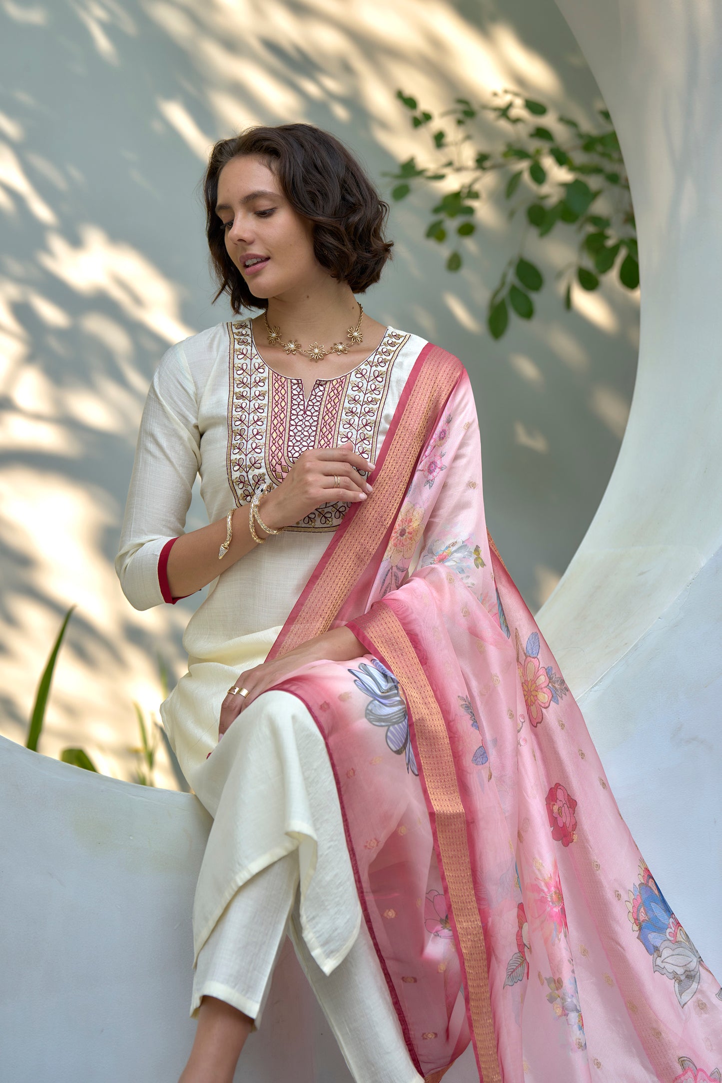 Off-White Vatican Kurta Set with Embroidered Neckline & Organza Butti Dupatta