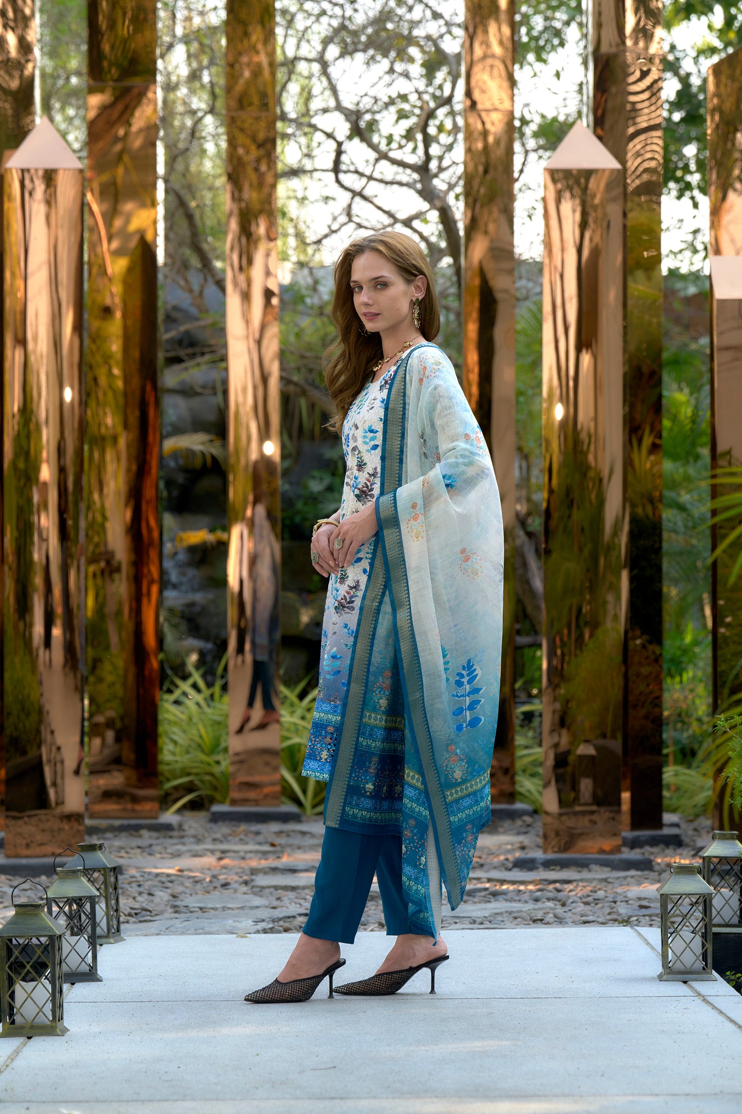White & Blue Printed Cotton Kurta Set with Embroidered Neckline and Linen Dupatta