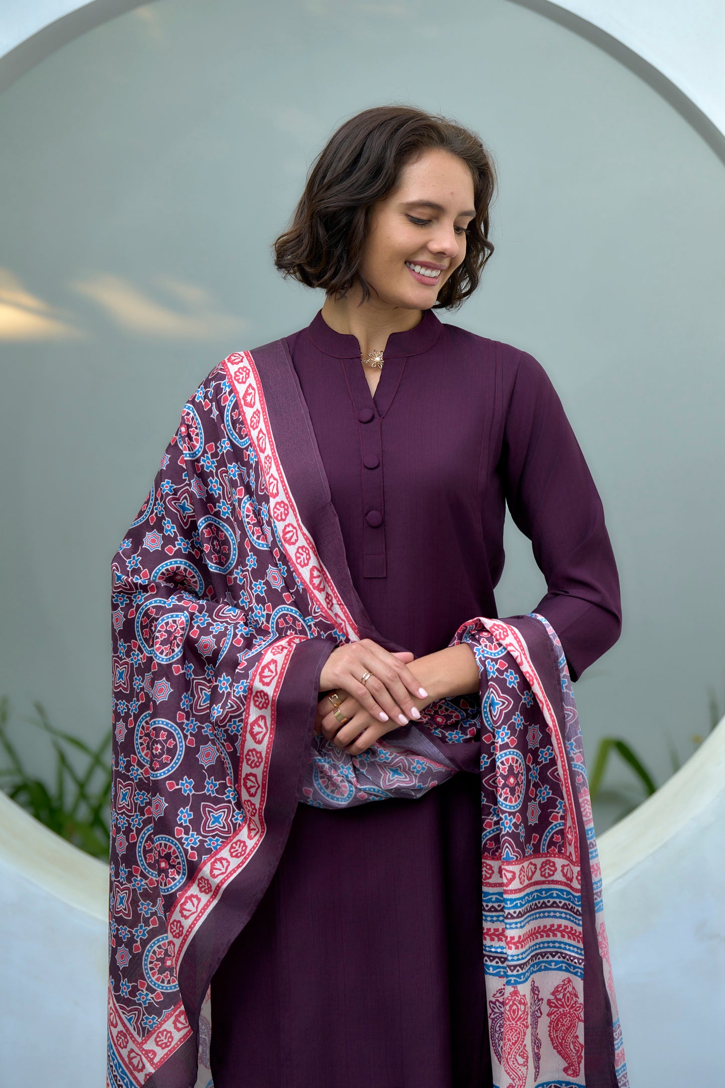 Wine Vatican Kurta Set with Embroidered Neckline and Chinnon Dupatta
