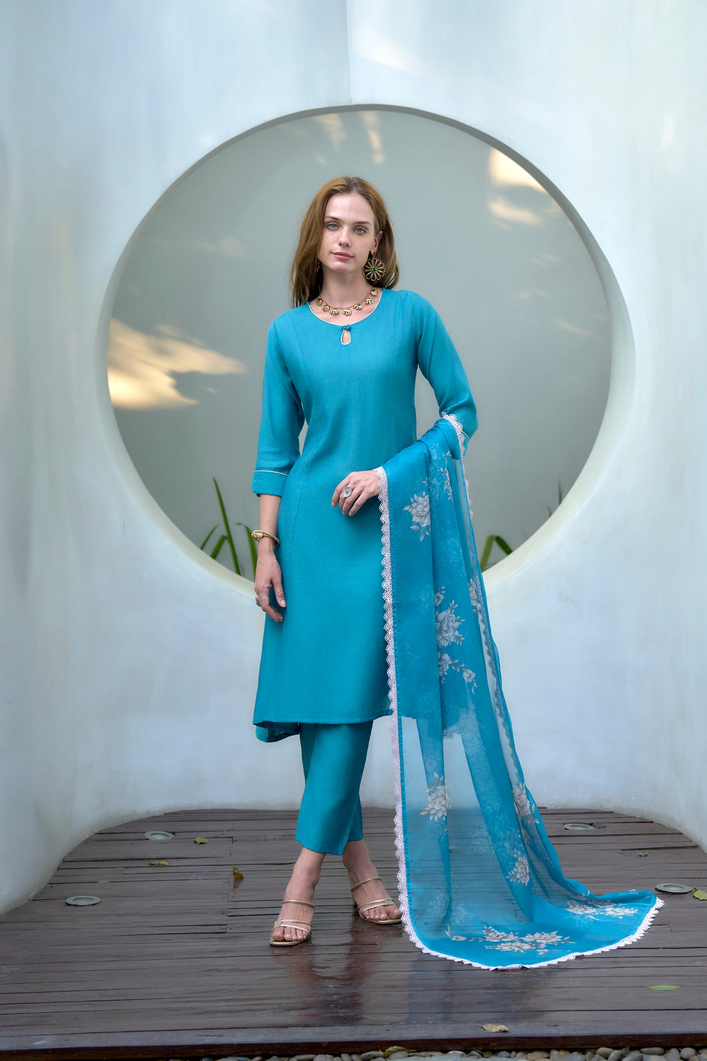 Sky Blue Vatican Kurta Set with Embroidered Neckline and Organza Dupatta
