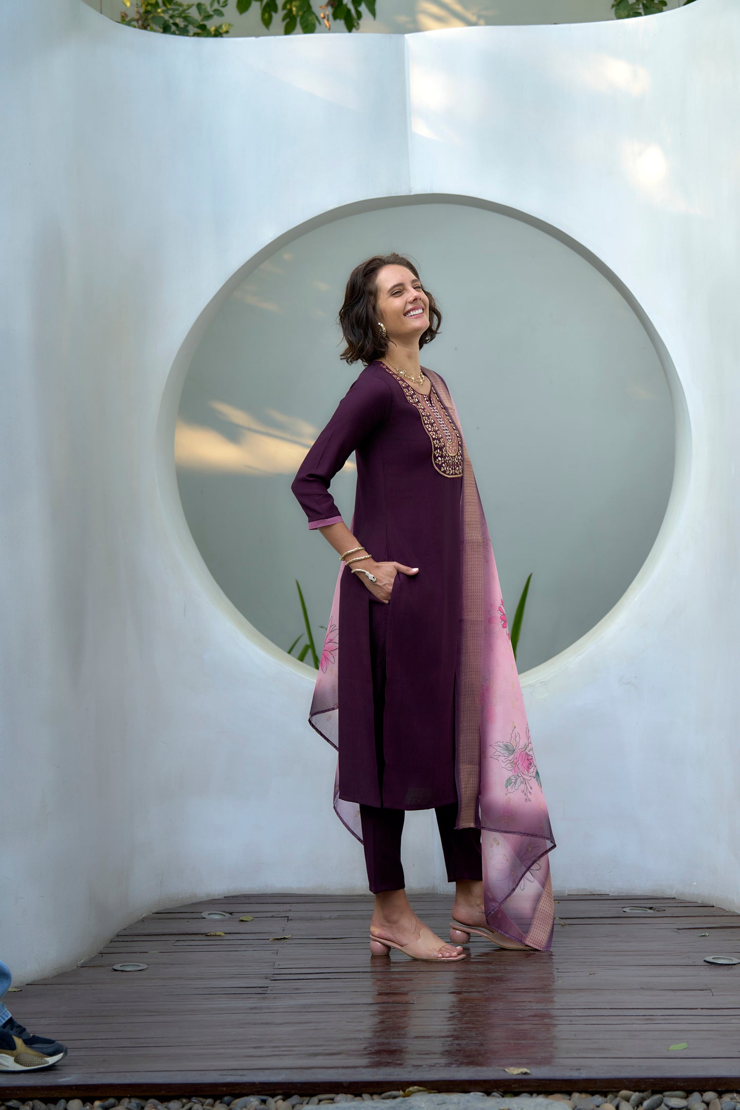 Purple Vatican Kurta Set with Embroidered Neckline & Organza Butti Dupatta