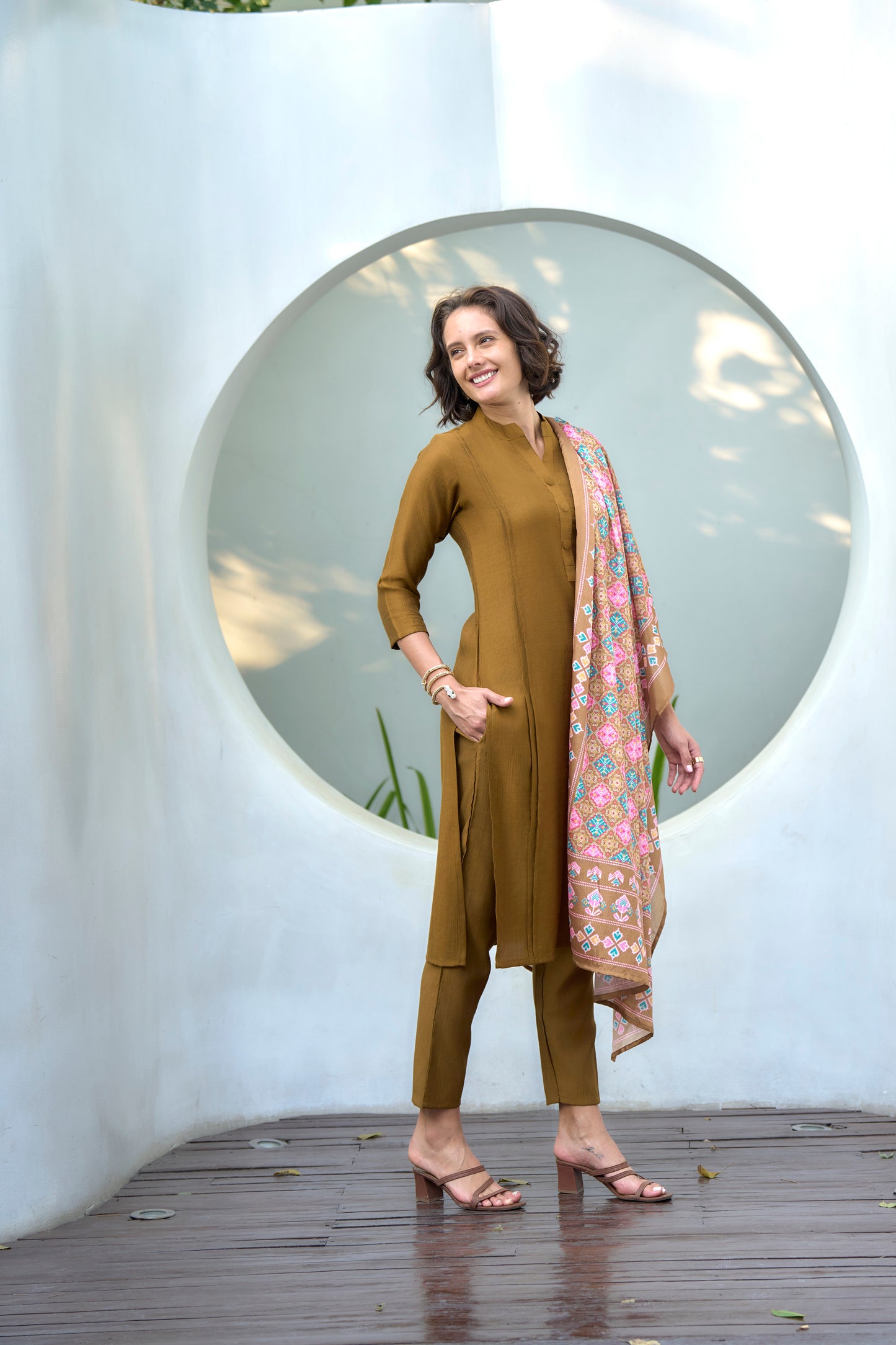 Mustard Yellow Vatican Kurta Set with Embroidered Neckline & Chinnon Dupatta