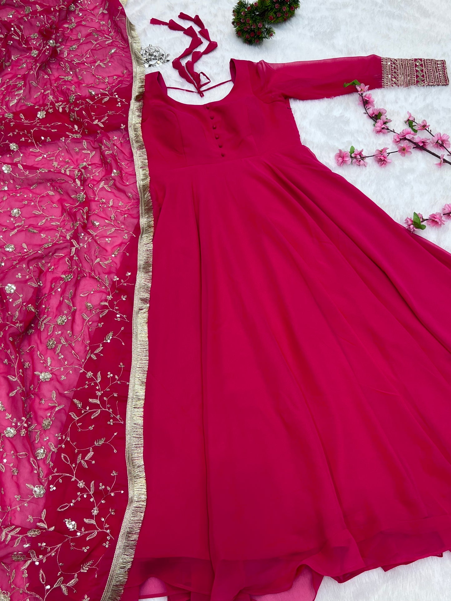 Luxurious Fox Georgette Rani Pink Gown Set with Heavy Sequins and Jari Work