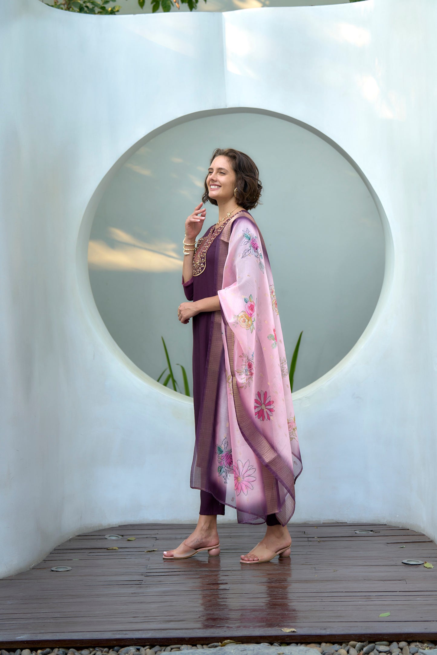 Purple Vatican Kurta Set with Embroidered Neckline & Organza Butti Dupatta