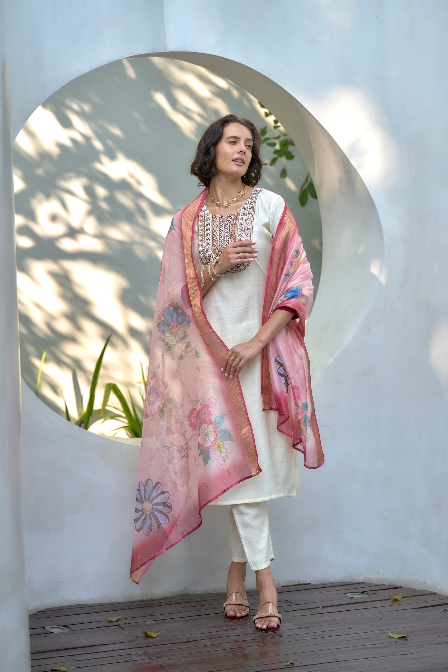 Off-White Vatican Kurta Set with Embroidered Neckline & Organza Butti Dupatta