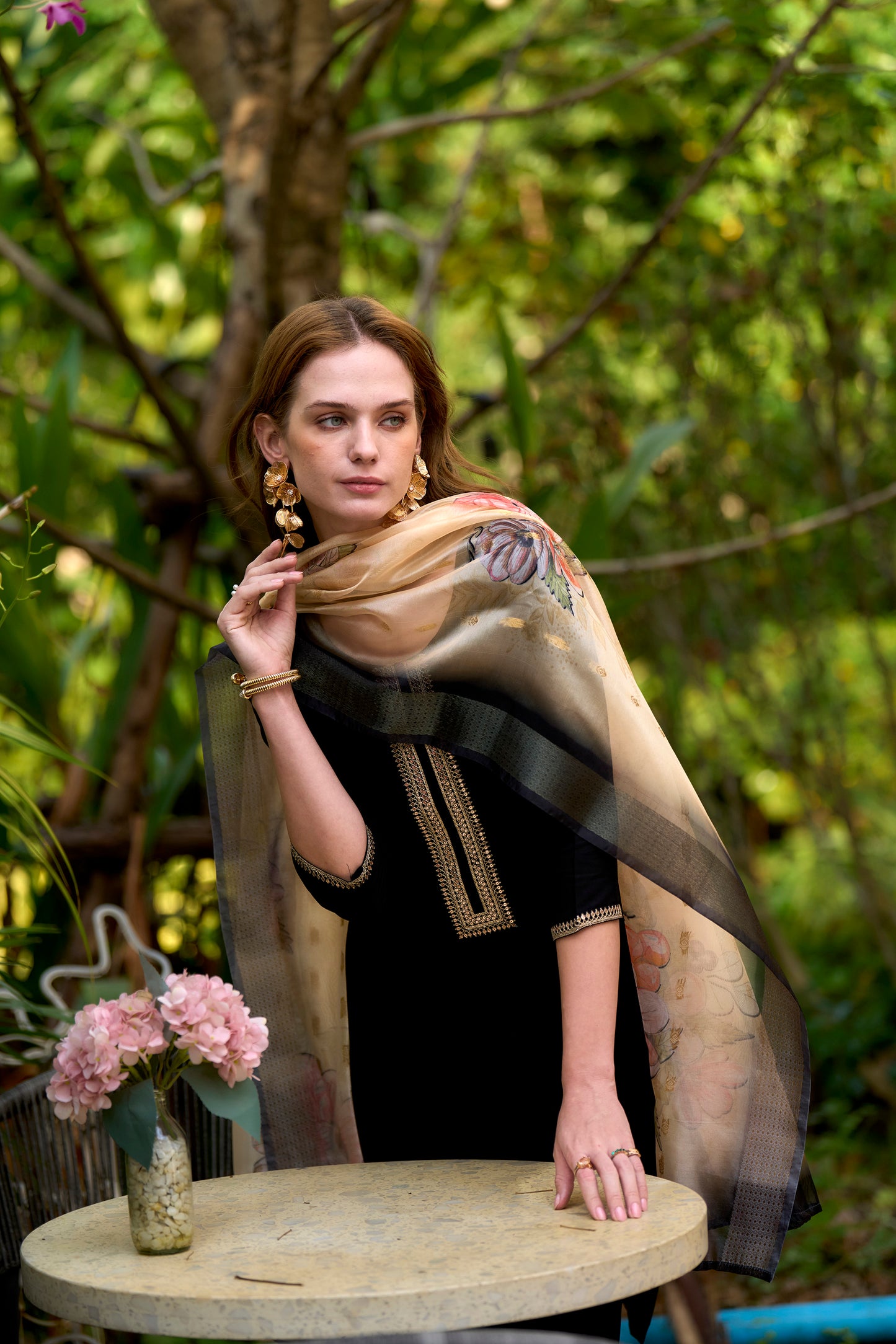 Black Embroidered Viscose-Rayon Kurta Set with Printed Organza Dupatta