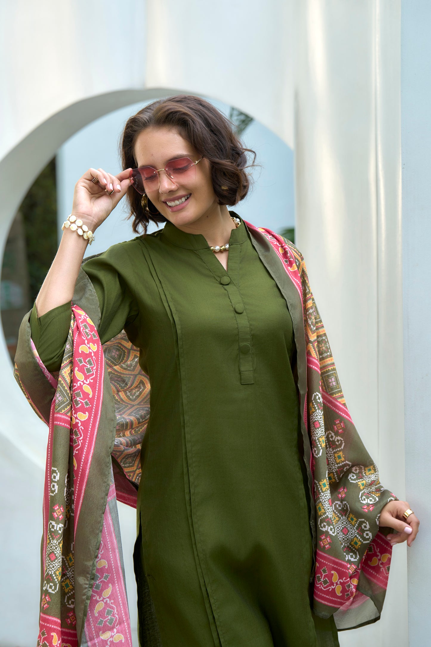 Green Vatican Kurta Set with Embroidered Neckline & Chinnon Dupatta