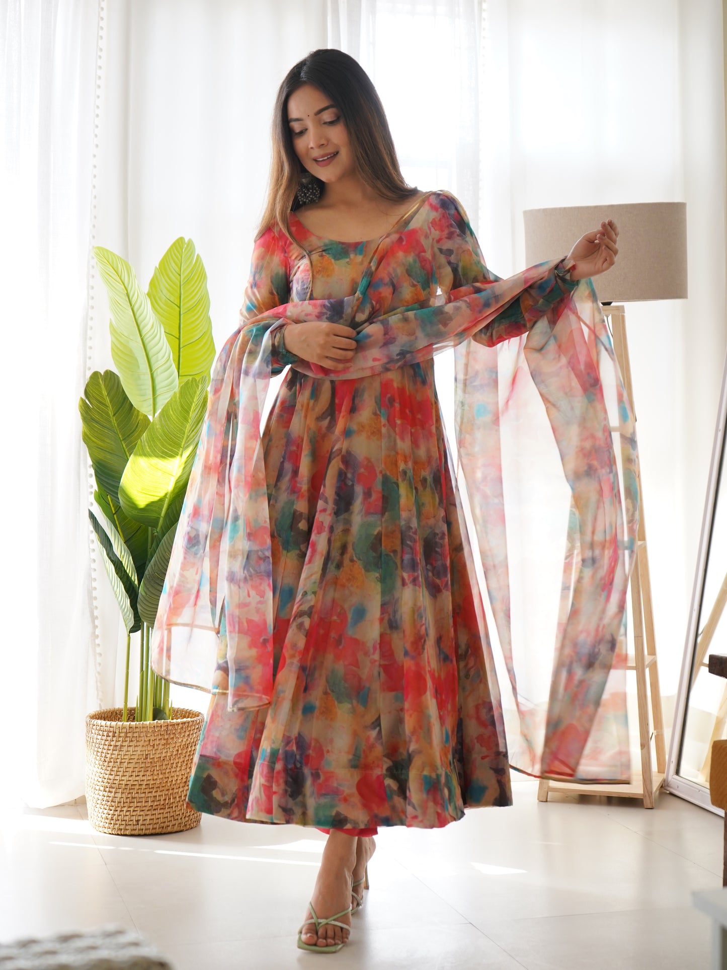 Multicolor Digital Print Organza Silk Red Kurta Set By Stylish Ethnic