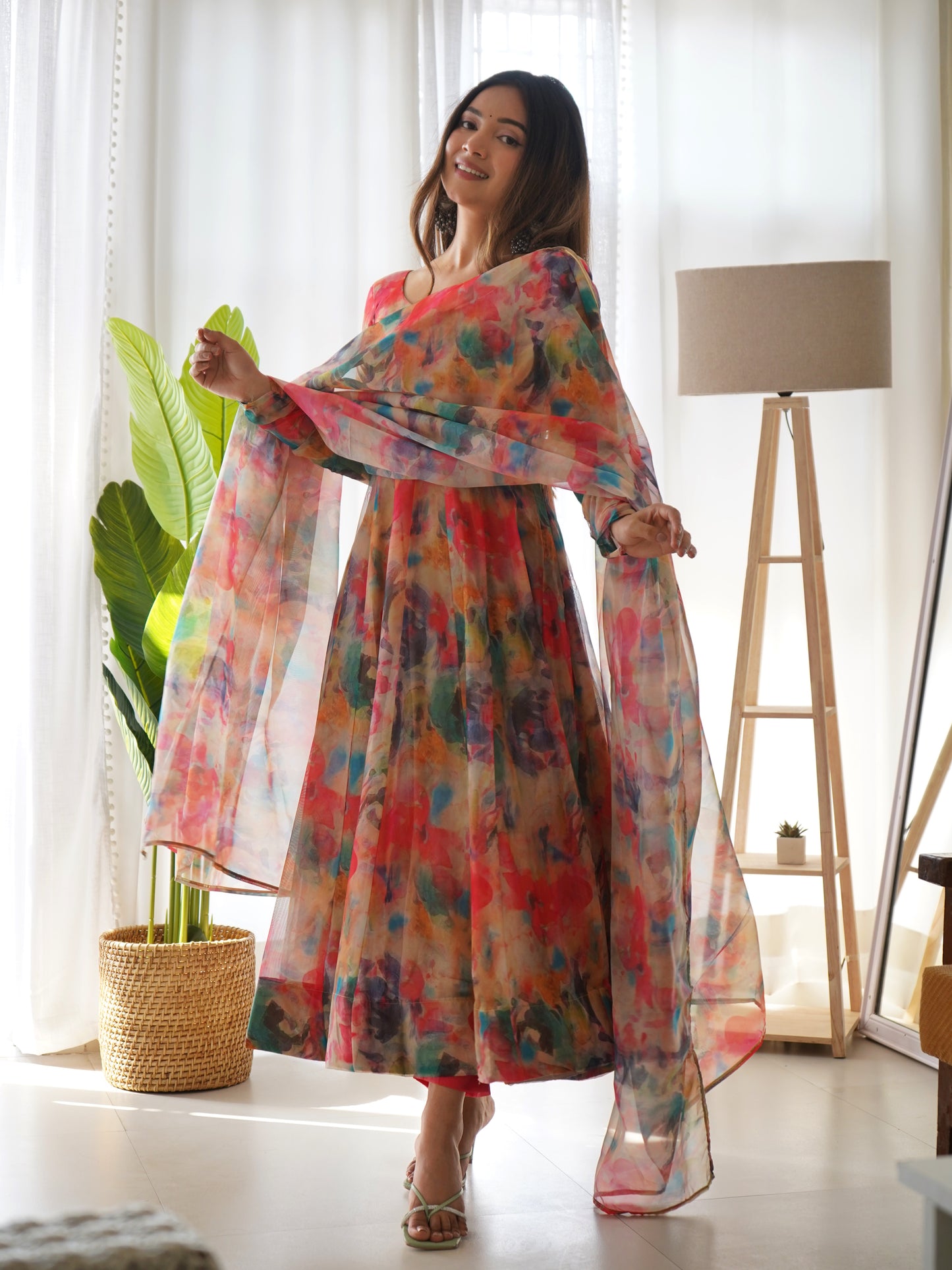 Multicolor Digital Print Organza Silk Red Kurta Set By Stylish Ethnic