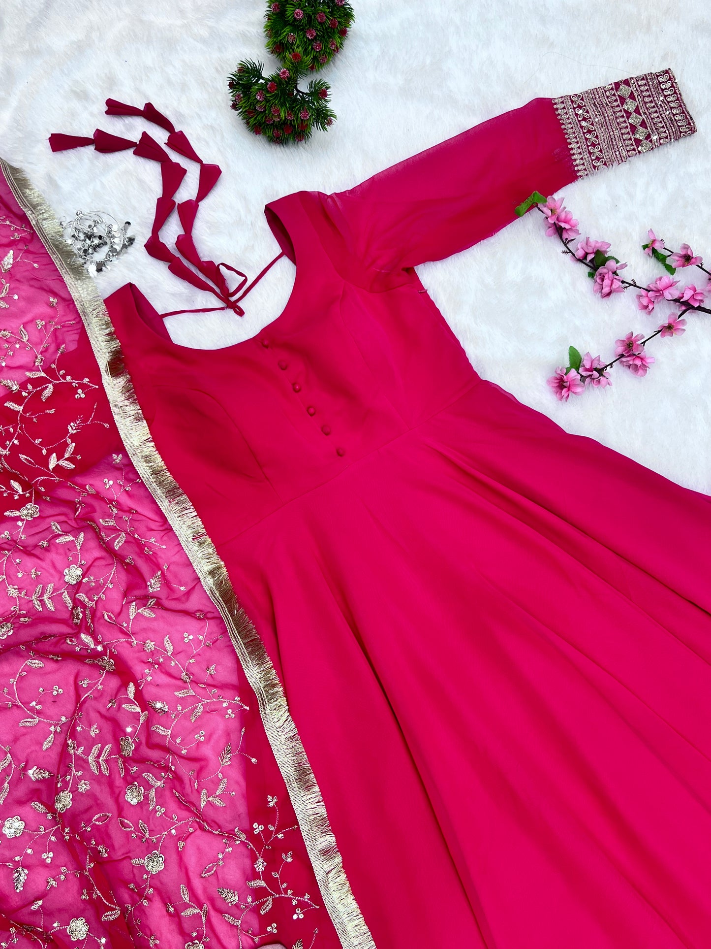 Luxurious Fox Georgette Rani Pink Gown Set with Heavy Sequins and Jari Work