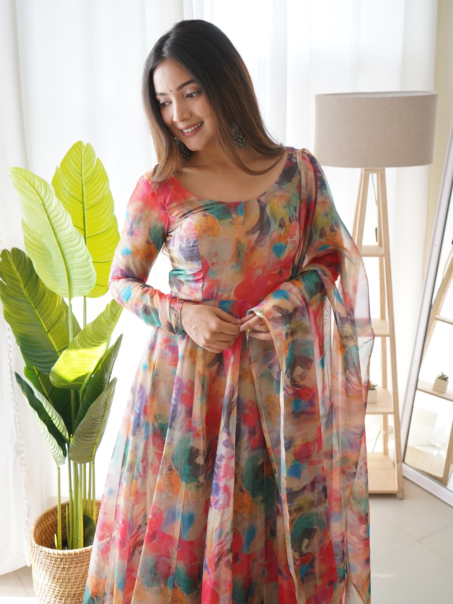 Multicolor Digital Print Organza Silk Red Kurta Set By Stylish Ethnic