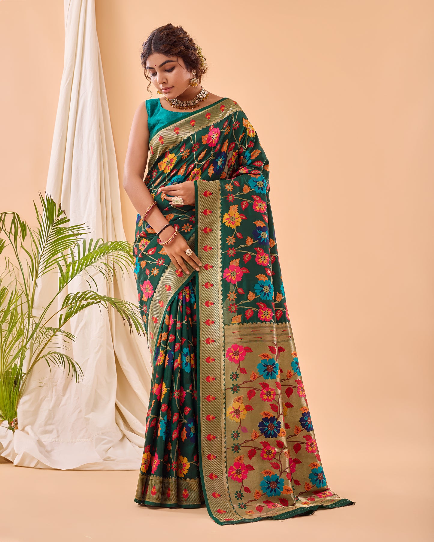Green Paithani Silk Saree With Weaving Work
