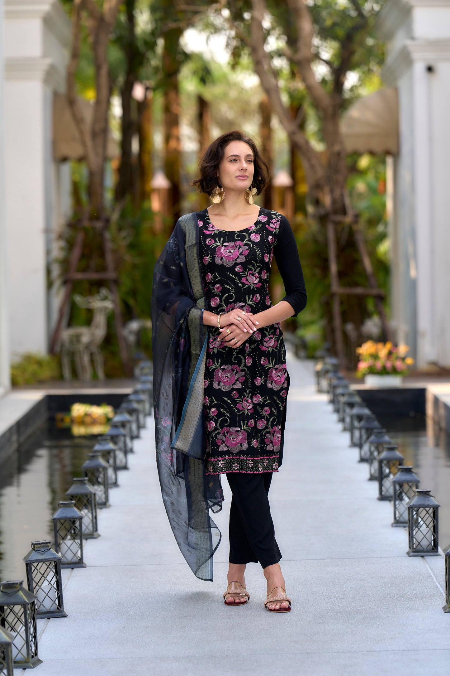 Navy Blue Embroidered Rayon Kurta Set with Organza Butti Dupatta