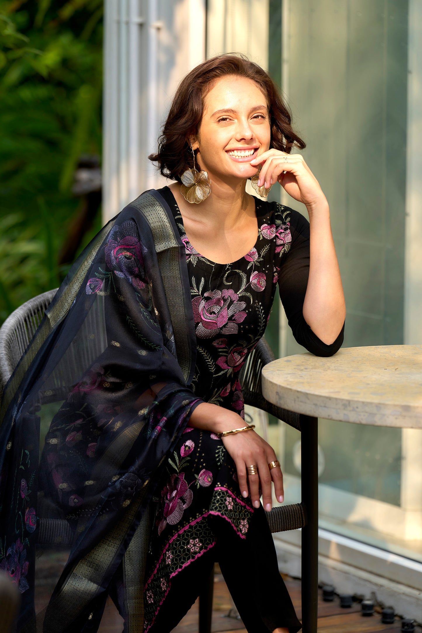 Navy Blue Embroidered Rayon Kurta Set with Organza Butti Dupatta