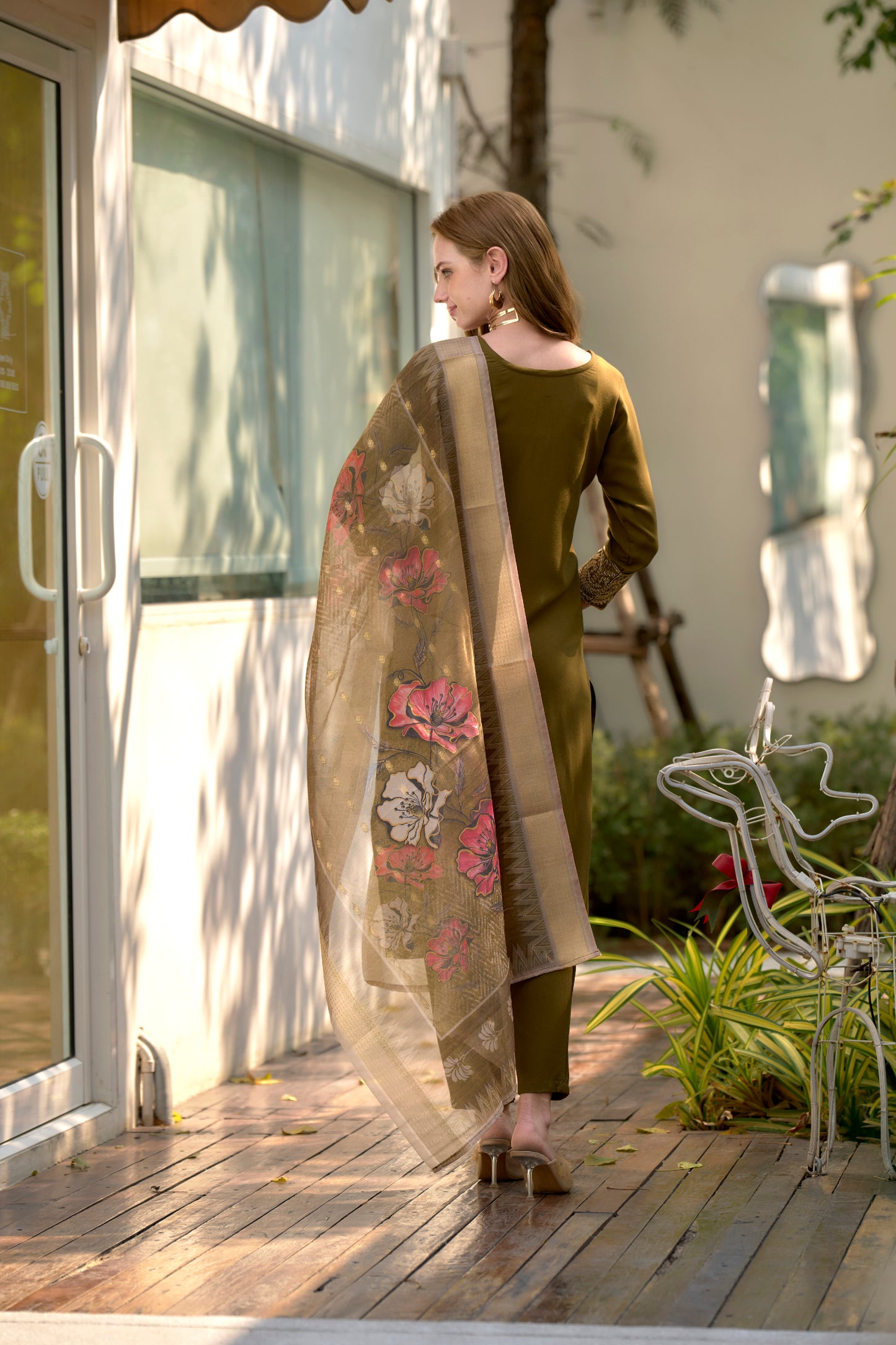 Mehndi Embroidered Rayon Kurta Set with Printed Organza Dupatta