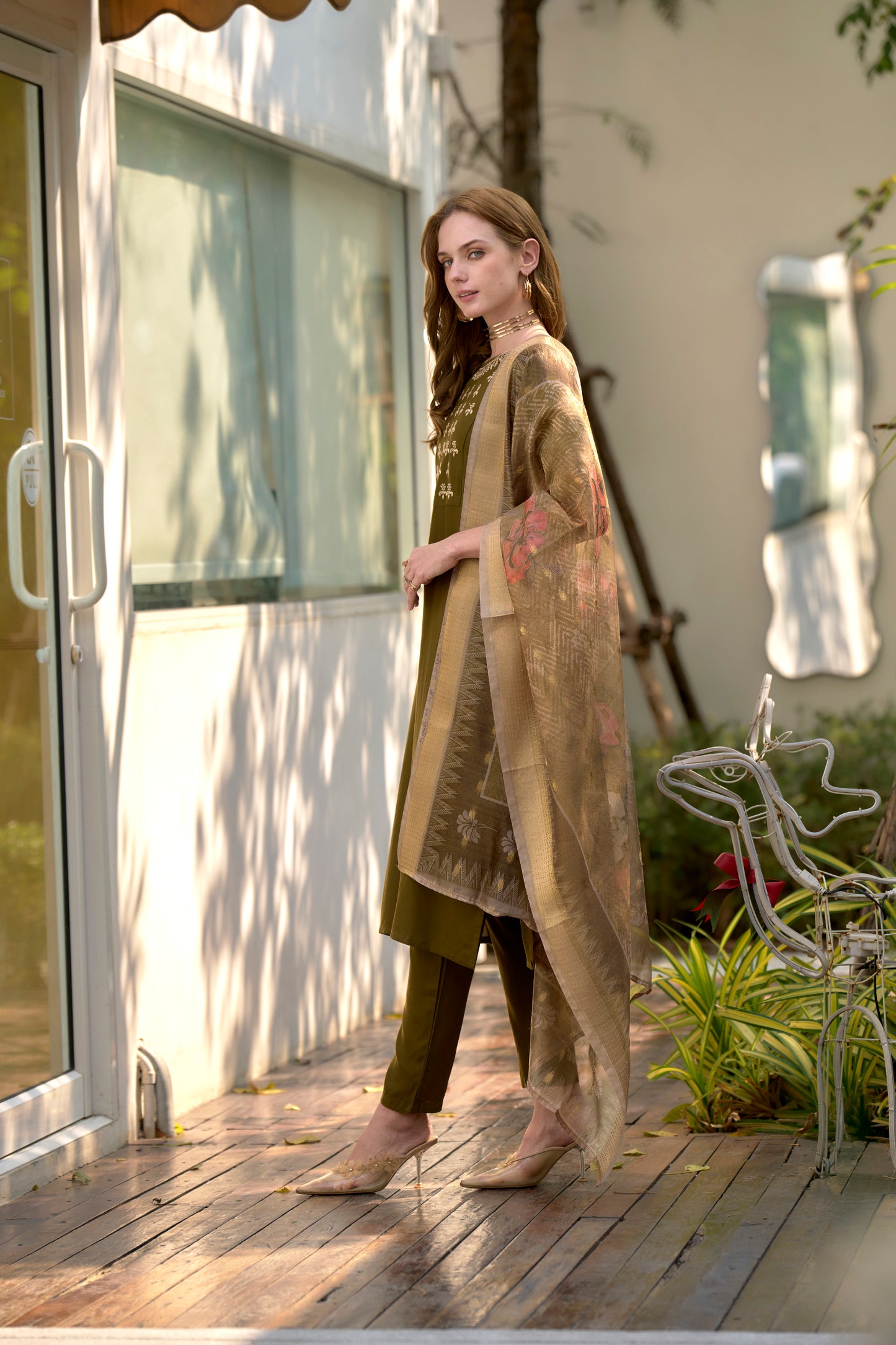 Mehndi Embroidered Rayon Kurta Set with Printed Organza Dupatta