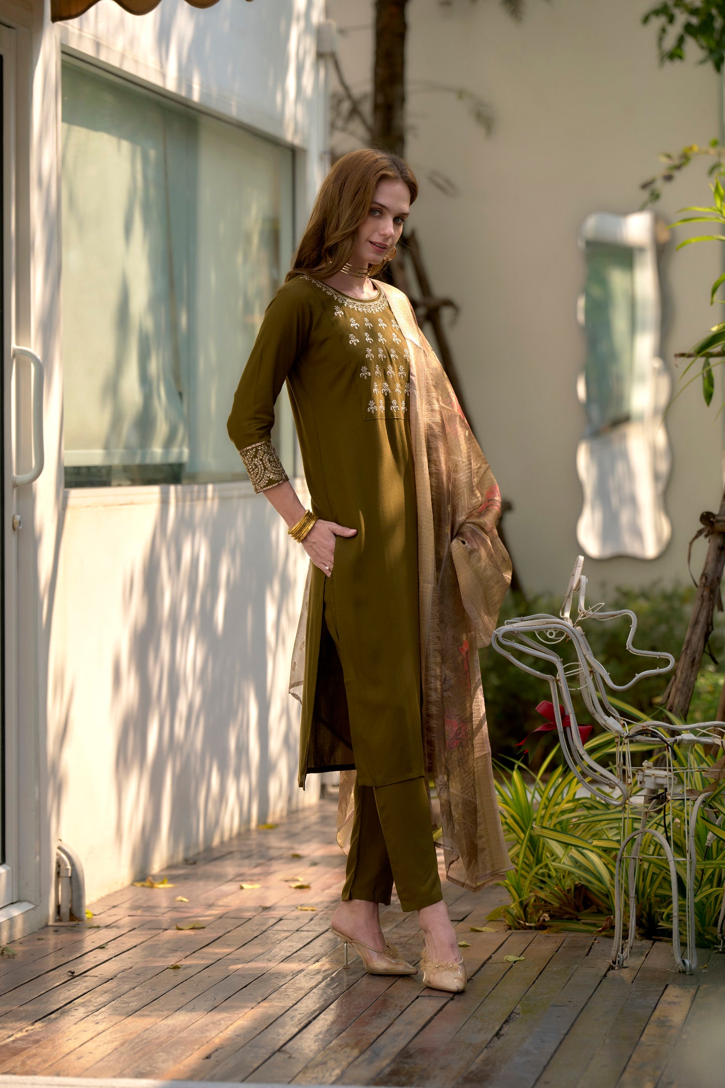 Mehndi Embroidered Rayon Kurta Set with Printed Organza Dupatta