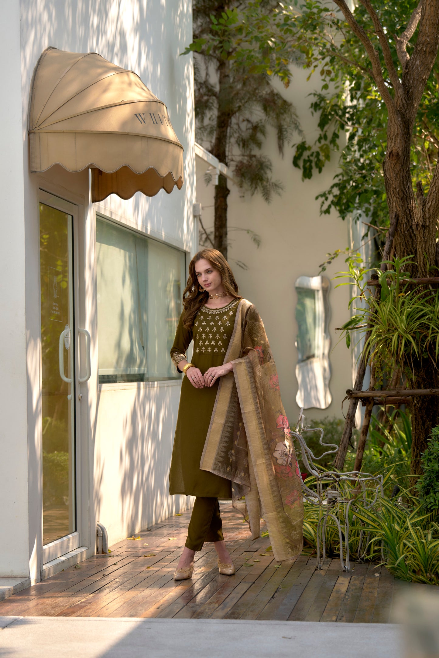 Mehndi Embroidered Rayon Kurta Set with Printed Organza Dupatta
