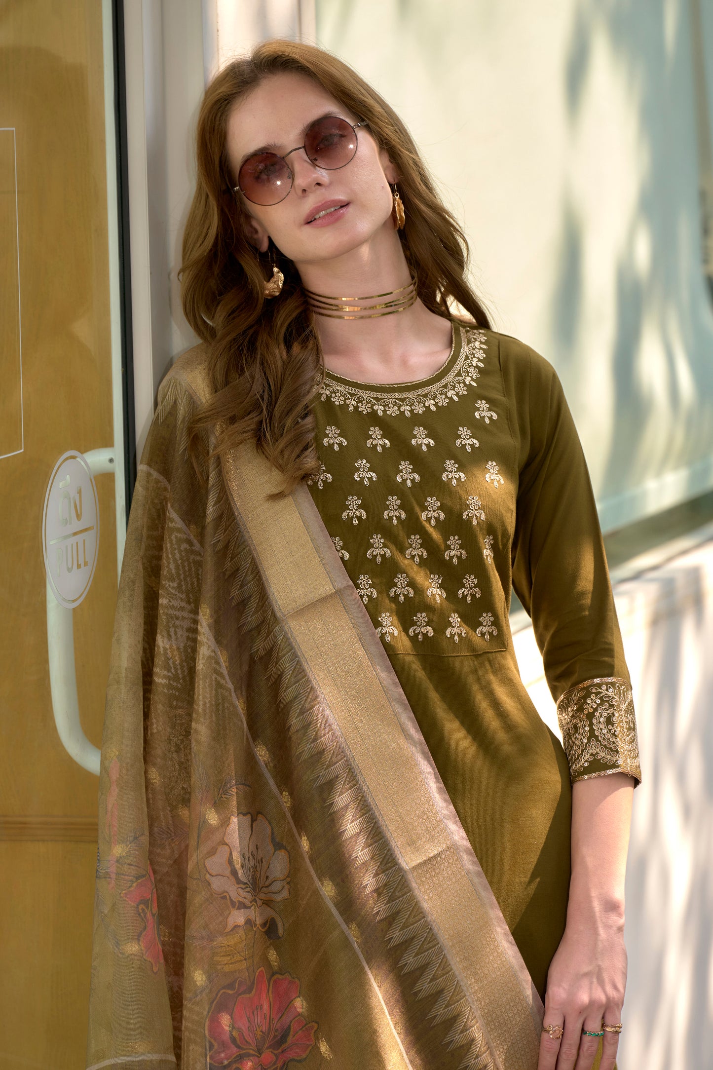 Mehndi Embroidered Rayon Kurta Set with Printed Organza Dupatta