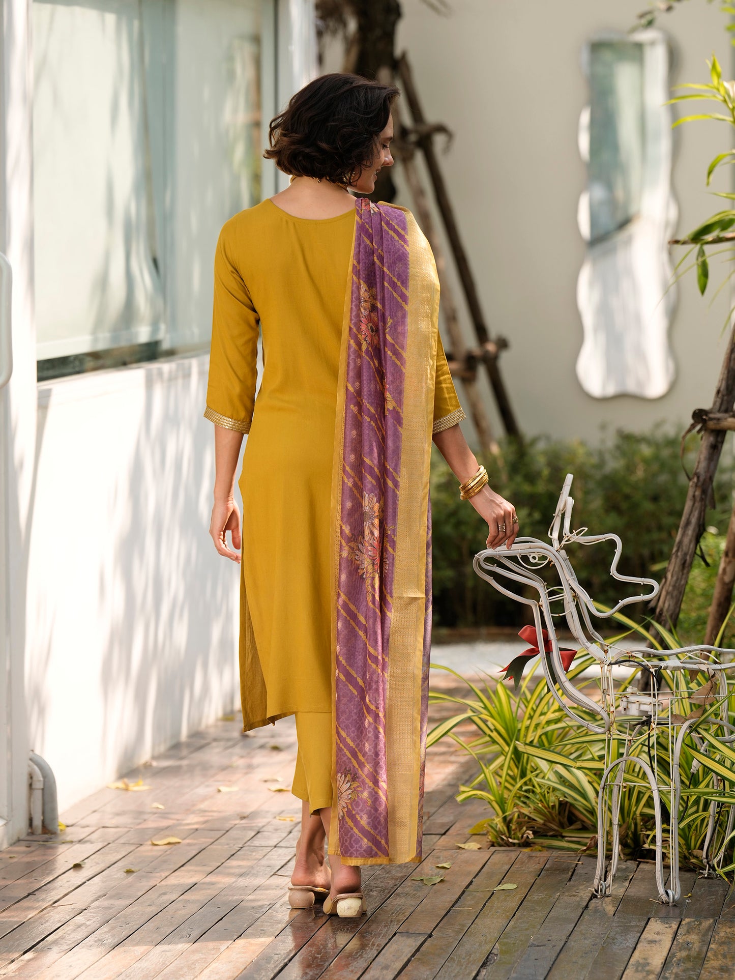 Yellow-Mustard Viscose-Rayon Embroidered Kurta Set with Printed Organza Dupatta